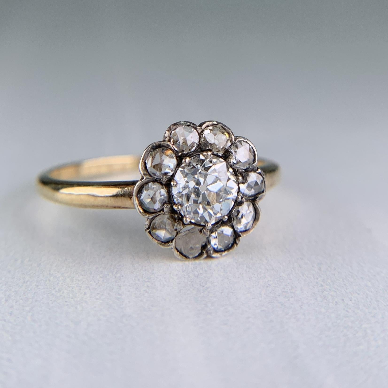 Antique Old Cut Diamond Cluster Flower Ring Silver/14k Yellow Gold