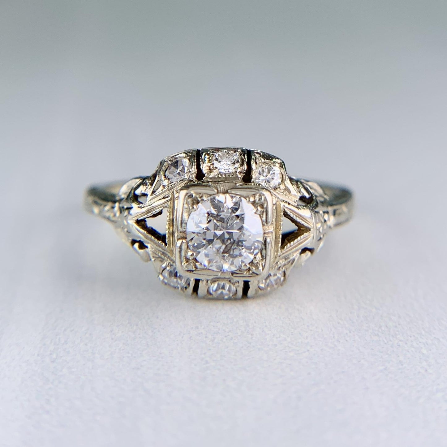 Antique 1930's Art Deco Old European Cut Diamond Engagement Ring 14k White Gold