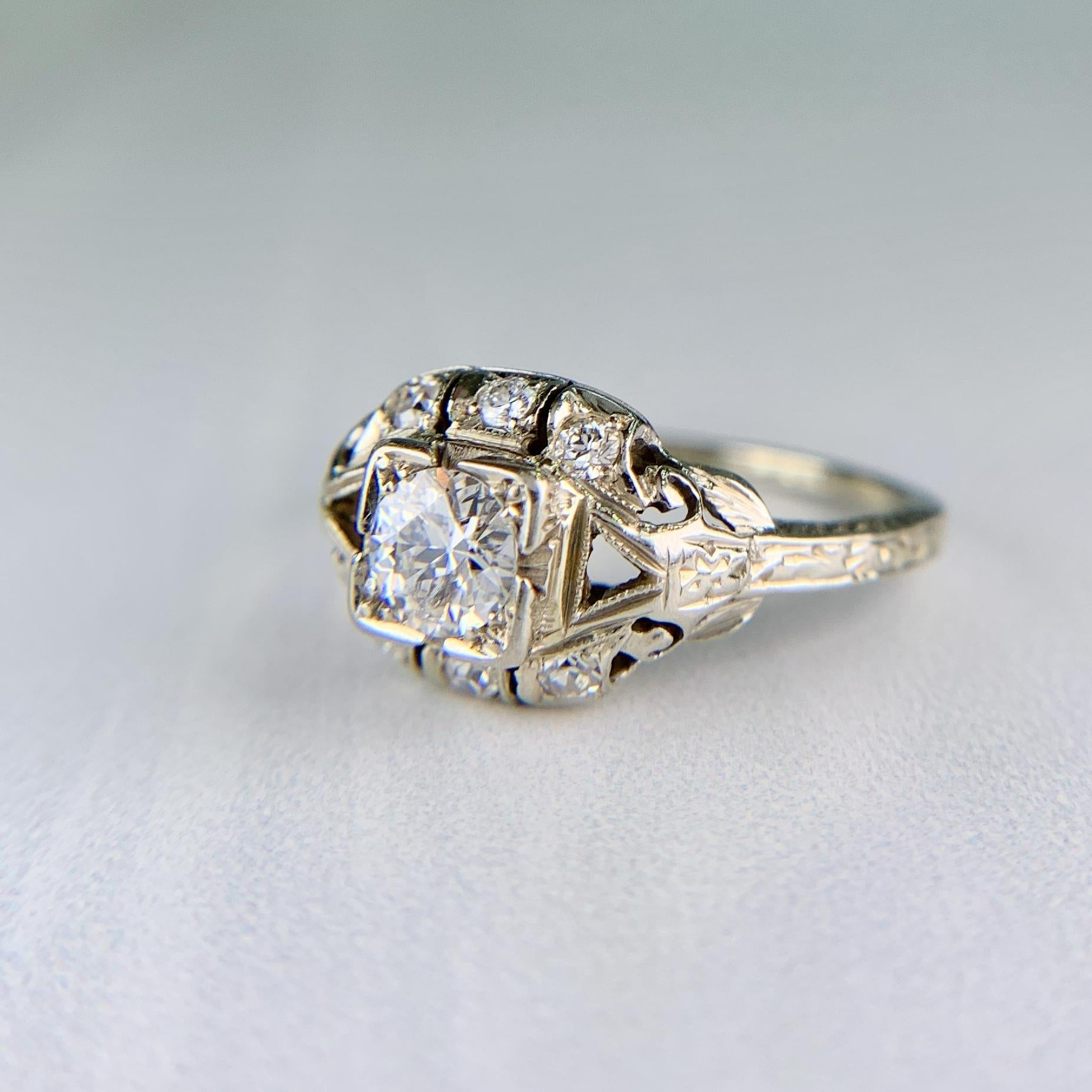 Antique 1930's Art Deco Old European Cut Diamond Engagement Ring 14k White Gold