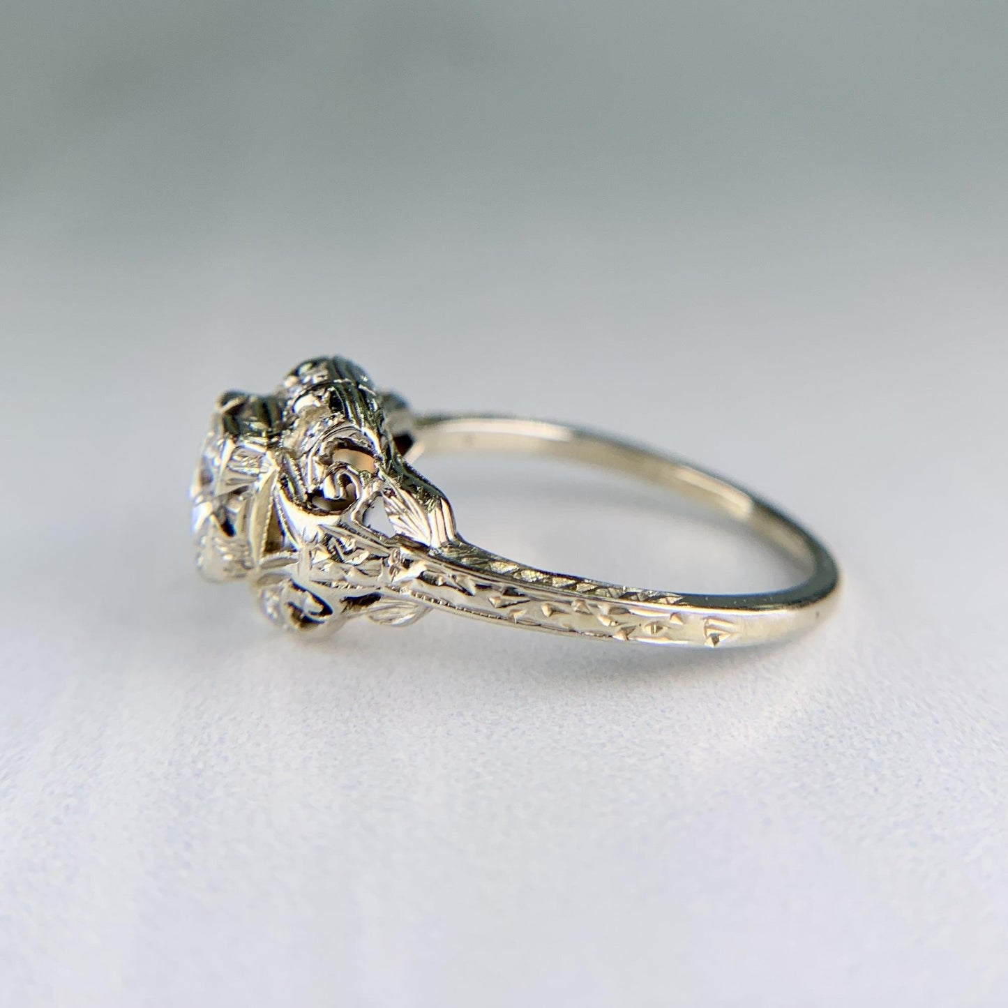 Antique 1930's Art Deco Old European Cut Diamond Engagement Ring 14k White Gold