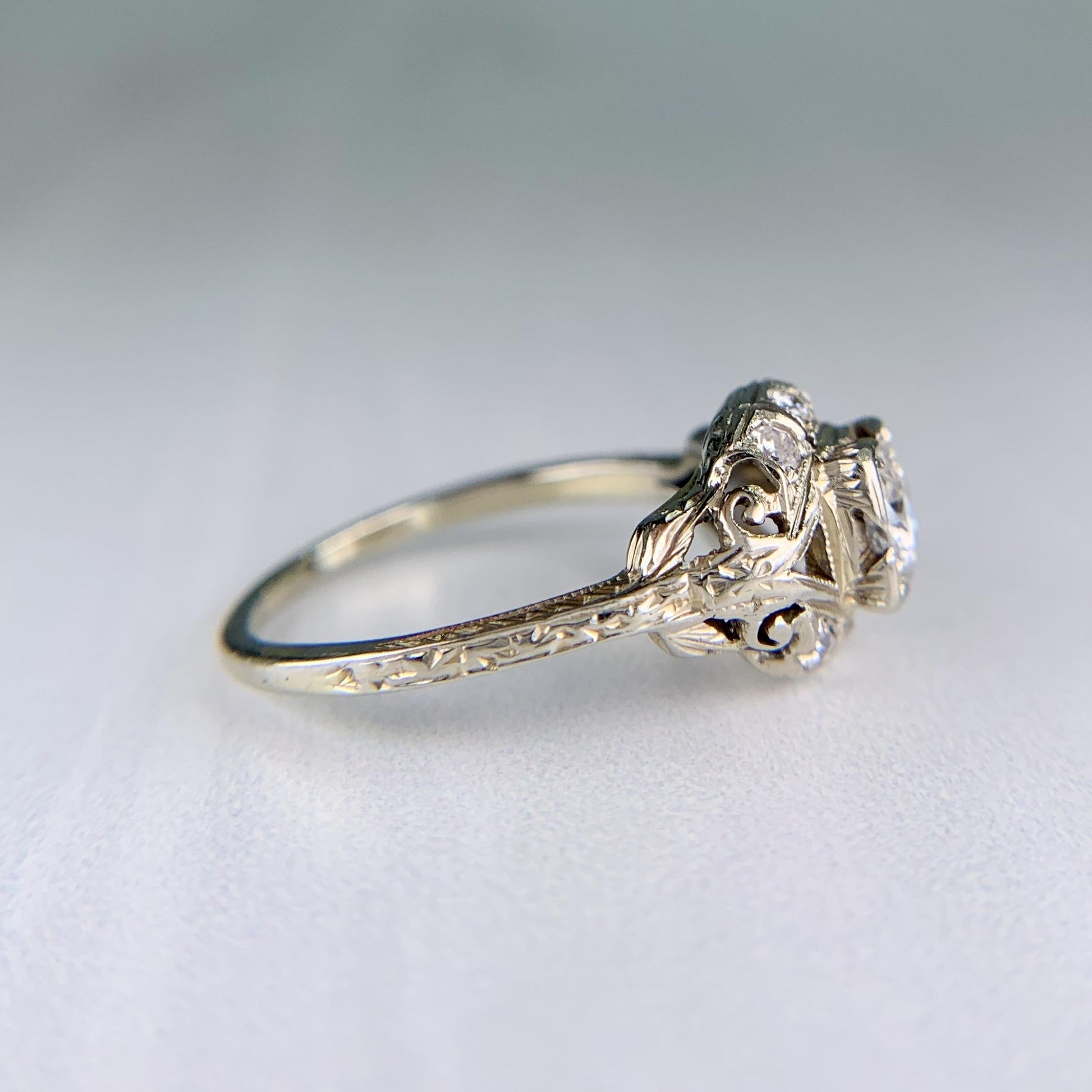 Antique 1930's Art Deco Old European Cut Diamond Engagement Ring 14k White Gold