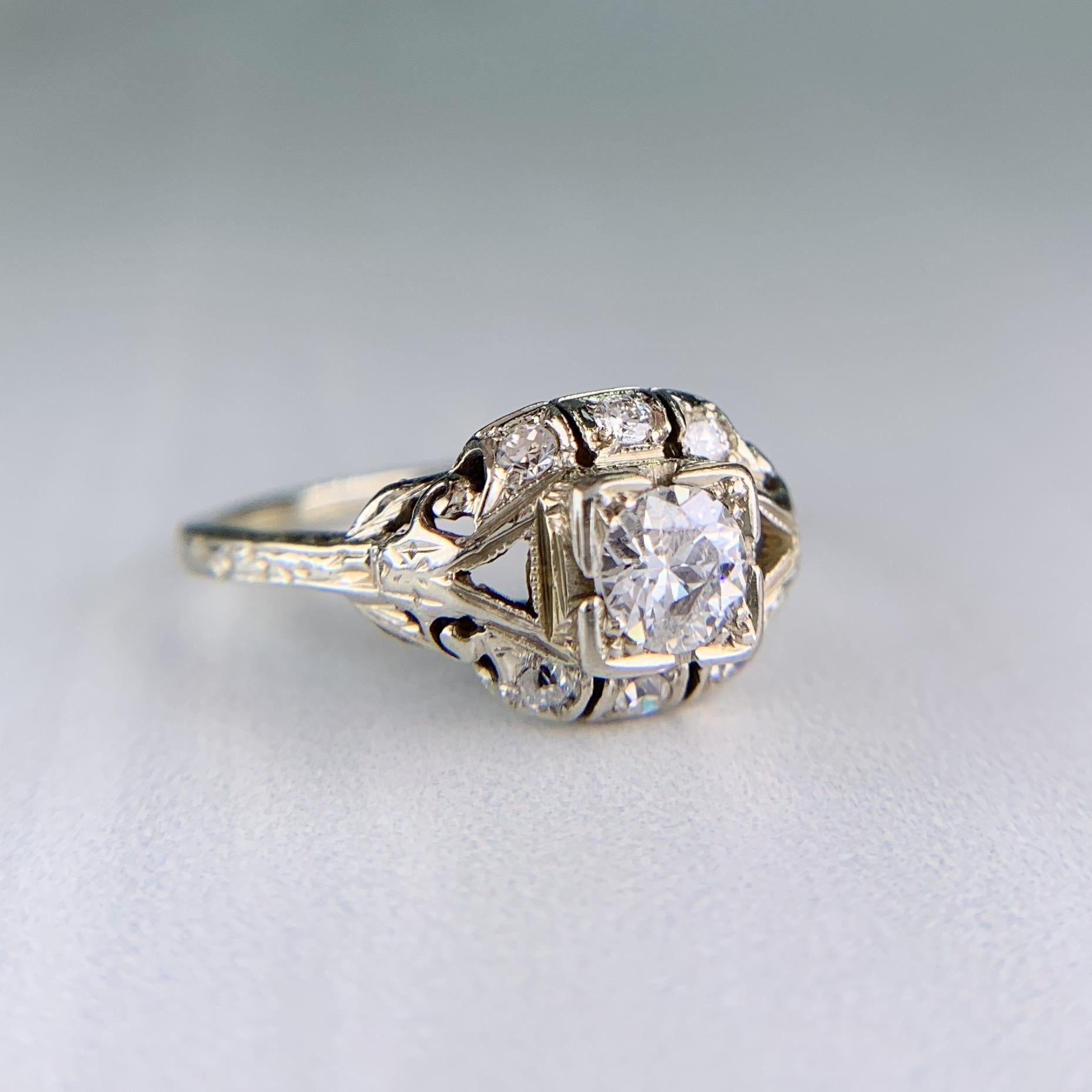 Antique 1930's Art Deco Old European Cut Diamond Engagement Ring 14k White Gold