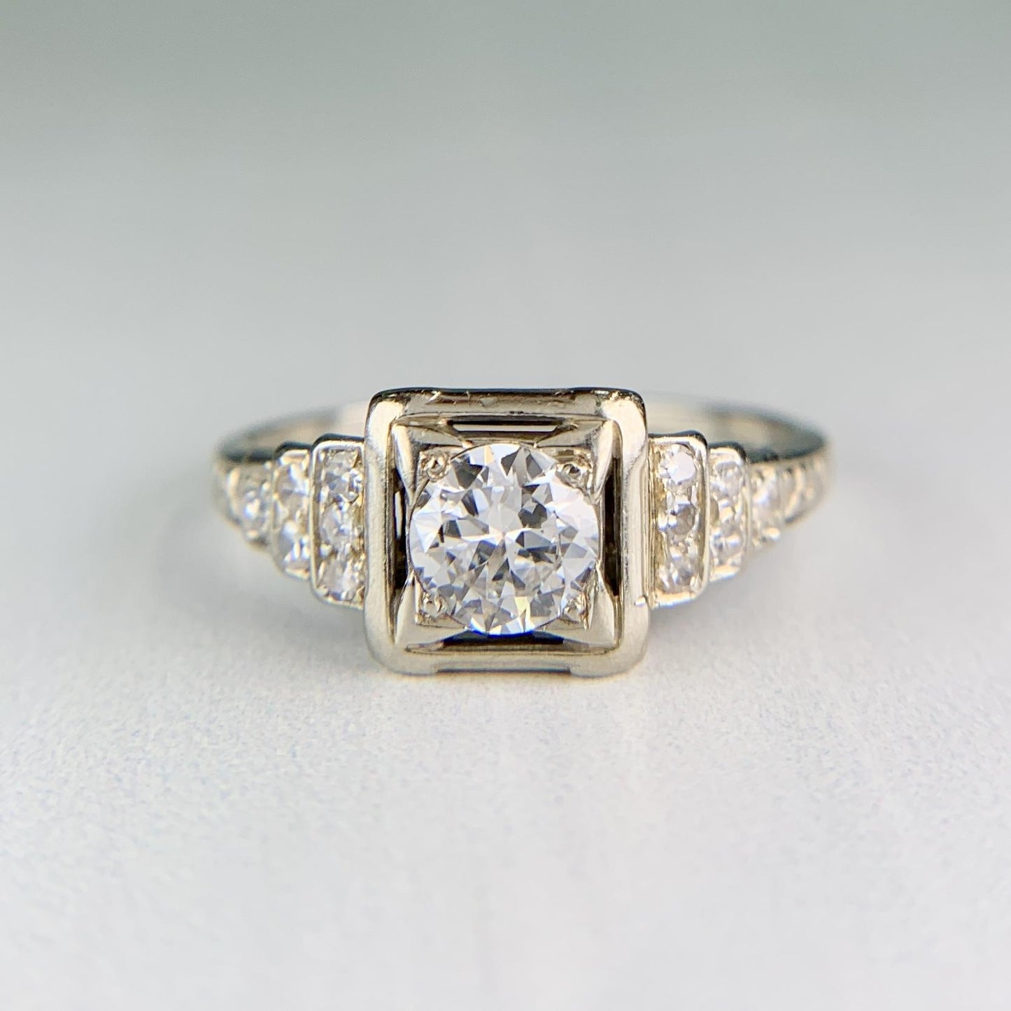 1930's Art Deco Transitional Diamond Engagement Ring 18k White Gold
