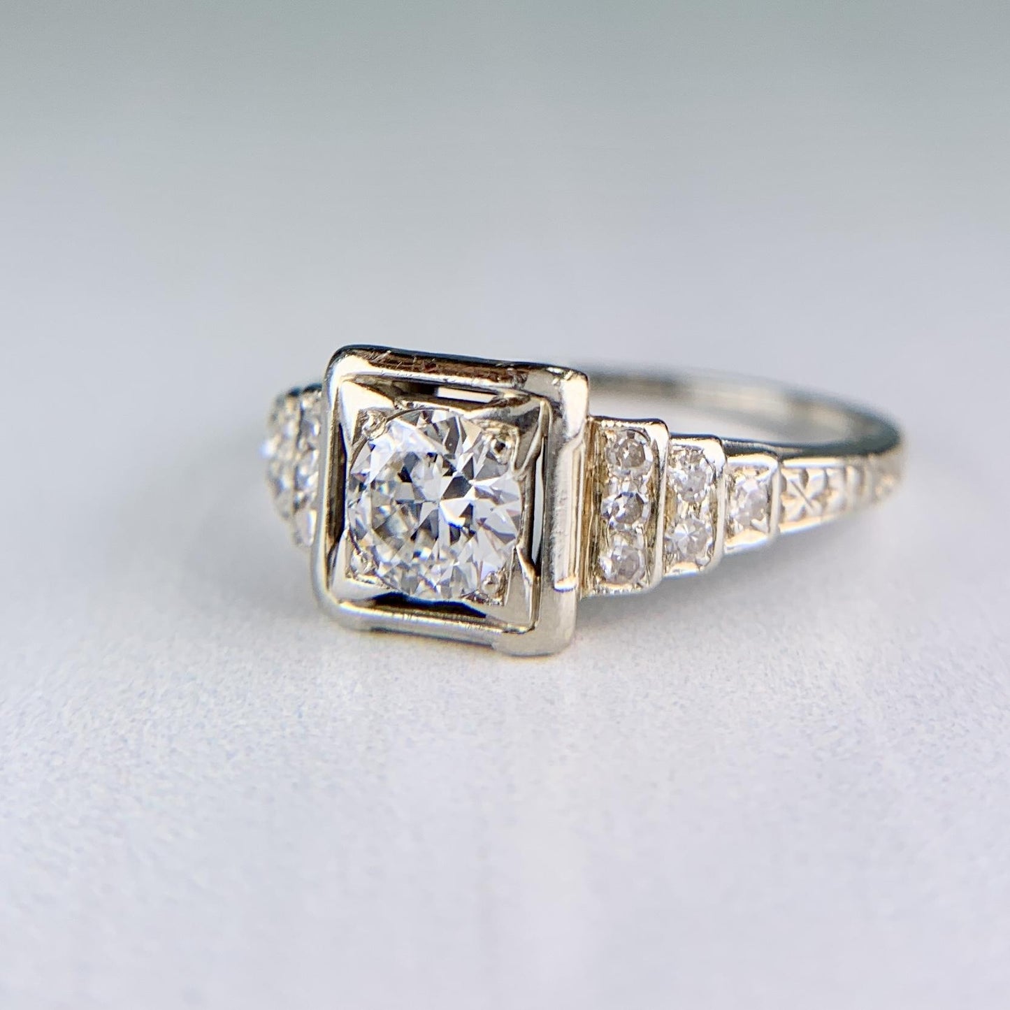 1930's Art Deco Transitional Diamond Engagement Ring 18k White Gold