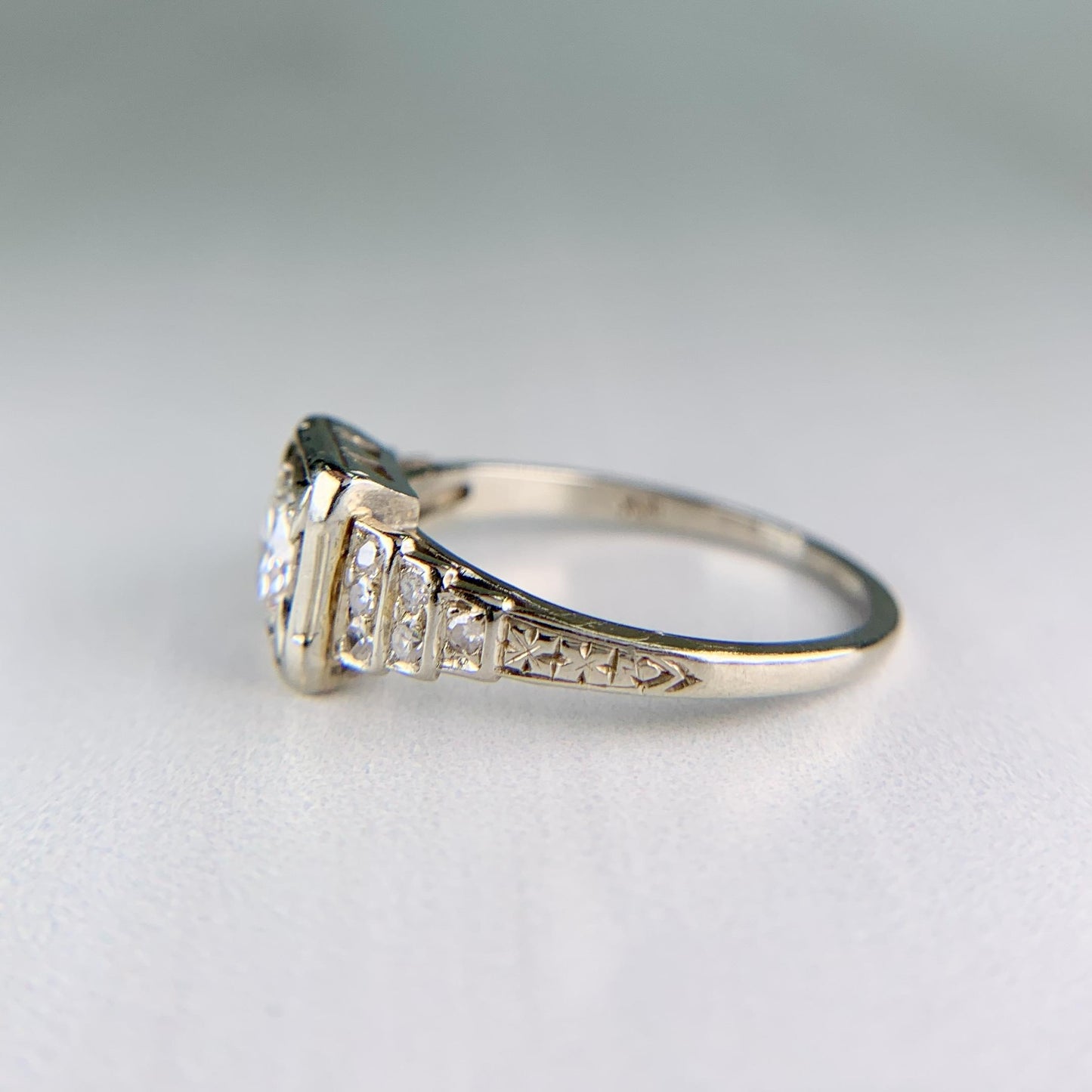 1930's Art Deco Transitional Diamond Engagement Ring 18k White Gold