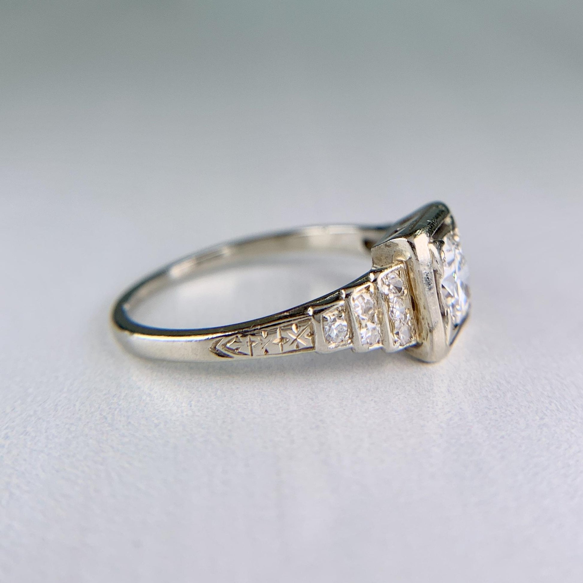 1930's Art Deco Transitional Diamond Engagement Ring 18k White Gold