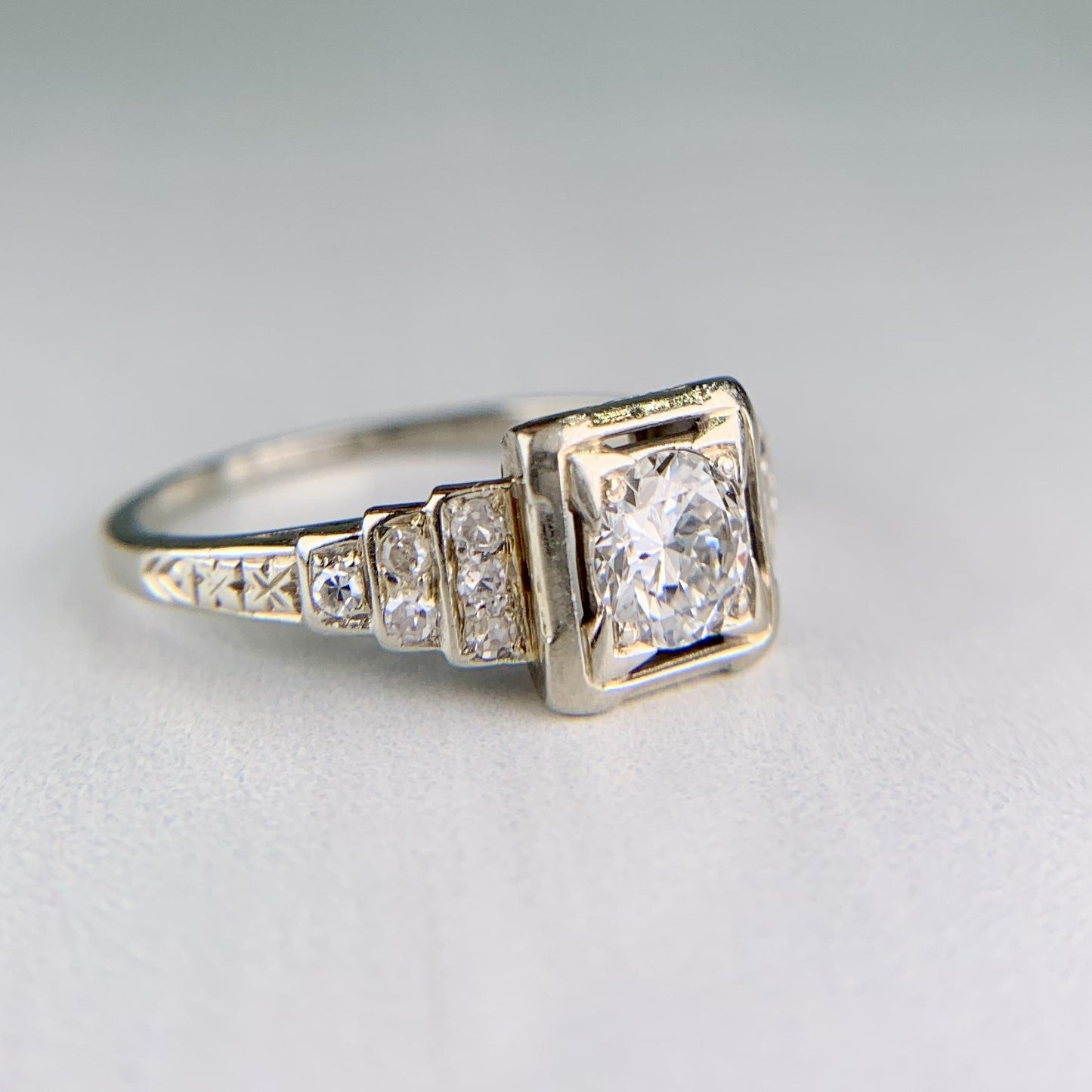 1930's Art Deco Transitional Diamond Engagement Ring 18k White Gold