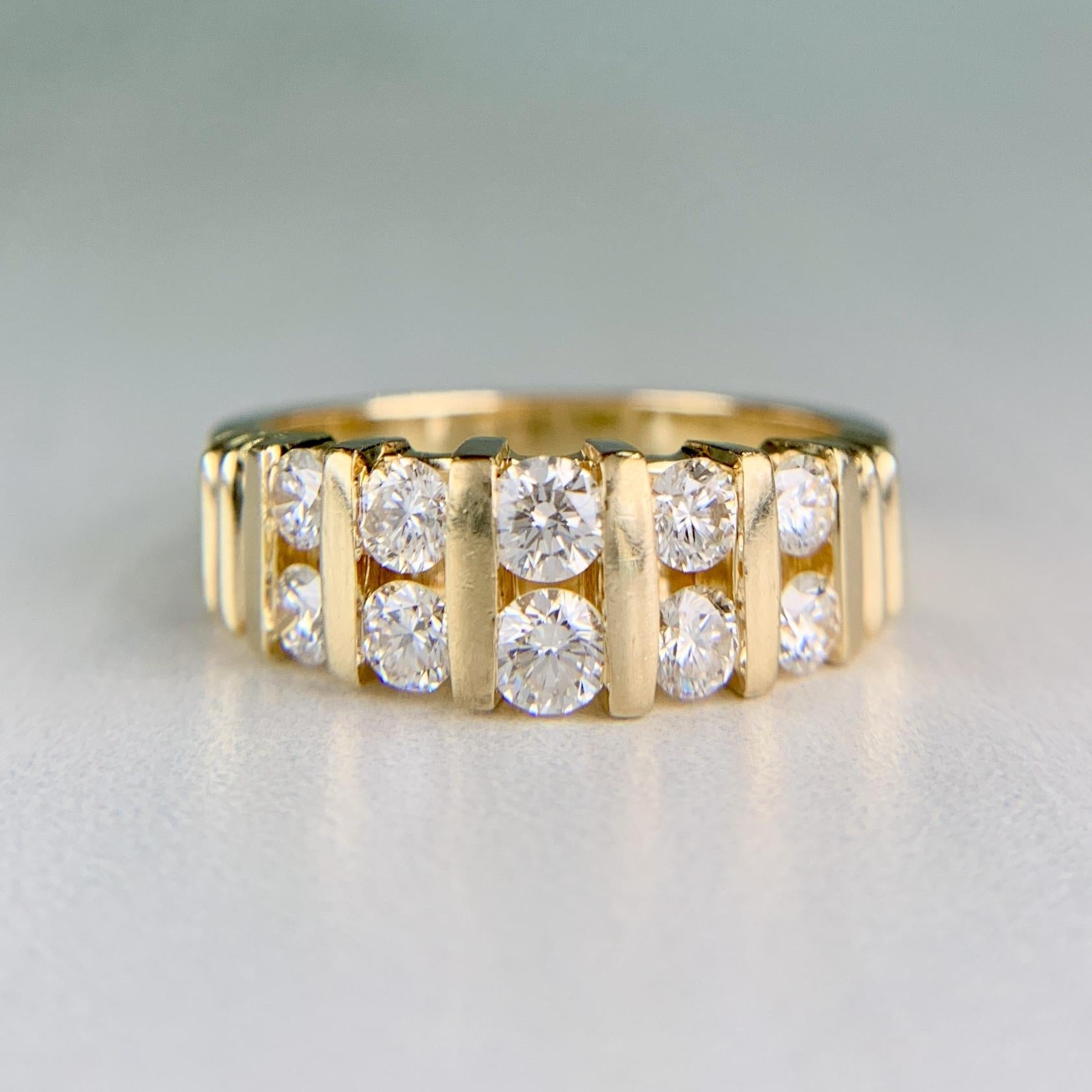 Vintage 1970's Two Row Diamond Band Ring 14k Yellow Gold