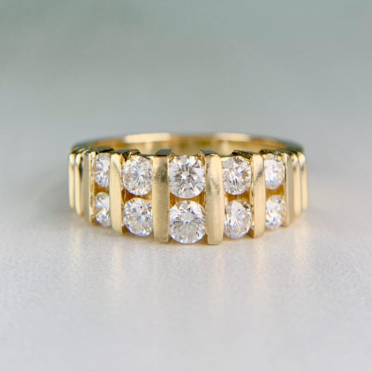Vintage 1970's Two Row Diamond Band Ring 14k Yellow Gold