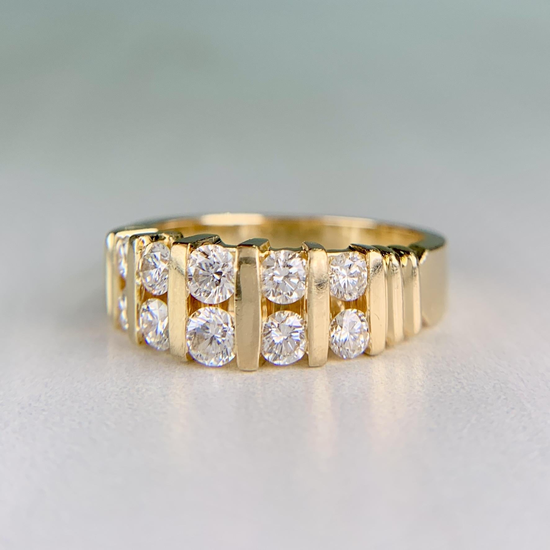 Vintage 1970's Two Row Diamond Band Ring 14k Yellow Gold