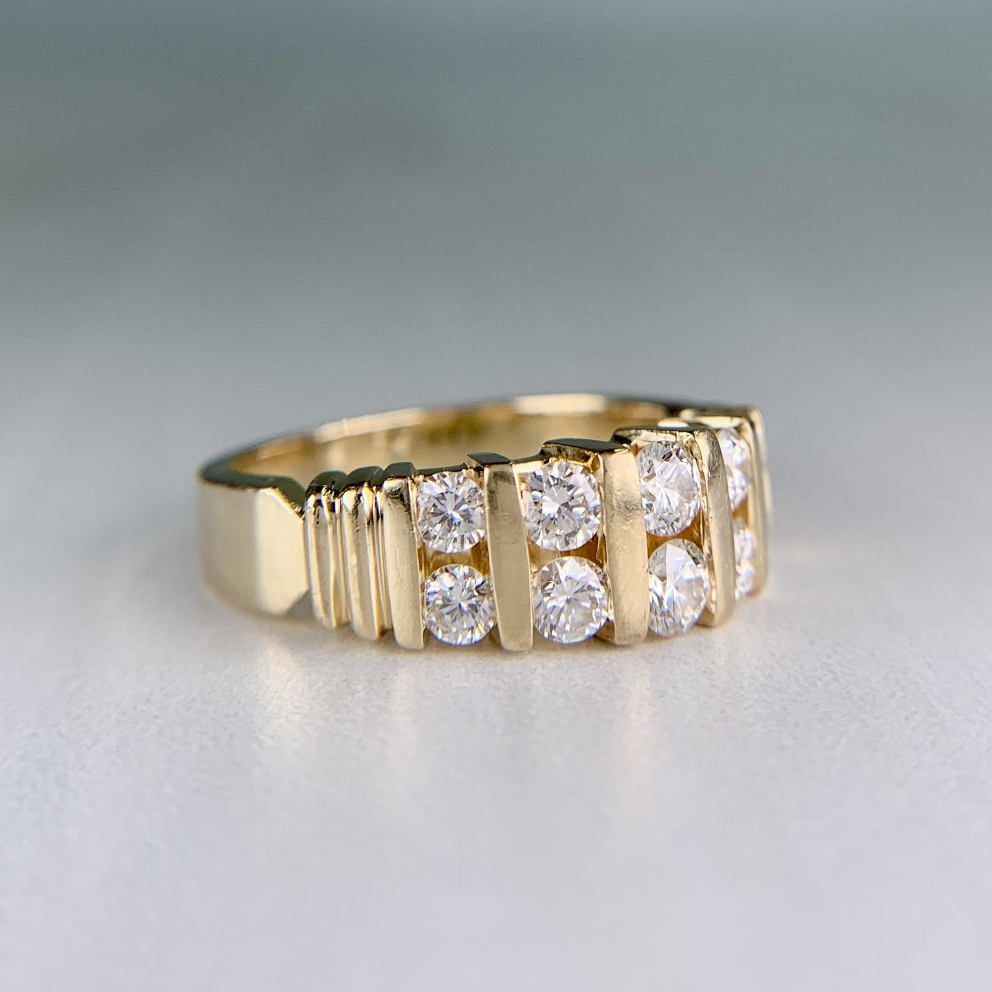 Vintage 1970's Two Row Diamond Band Ring 14k Yellow Gold