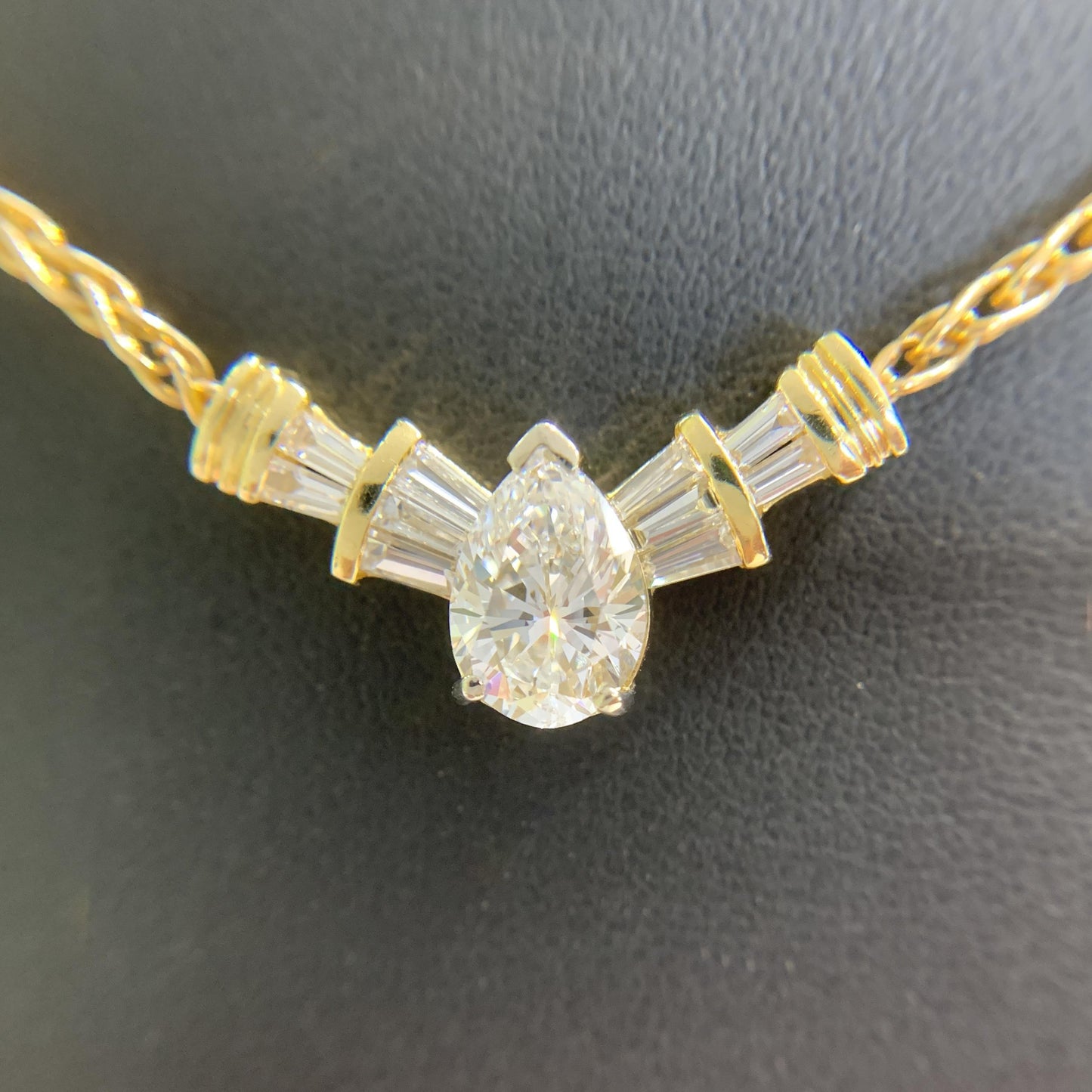 Diamond Pear and Baguette Necklace 14k Yellow Gold