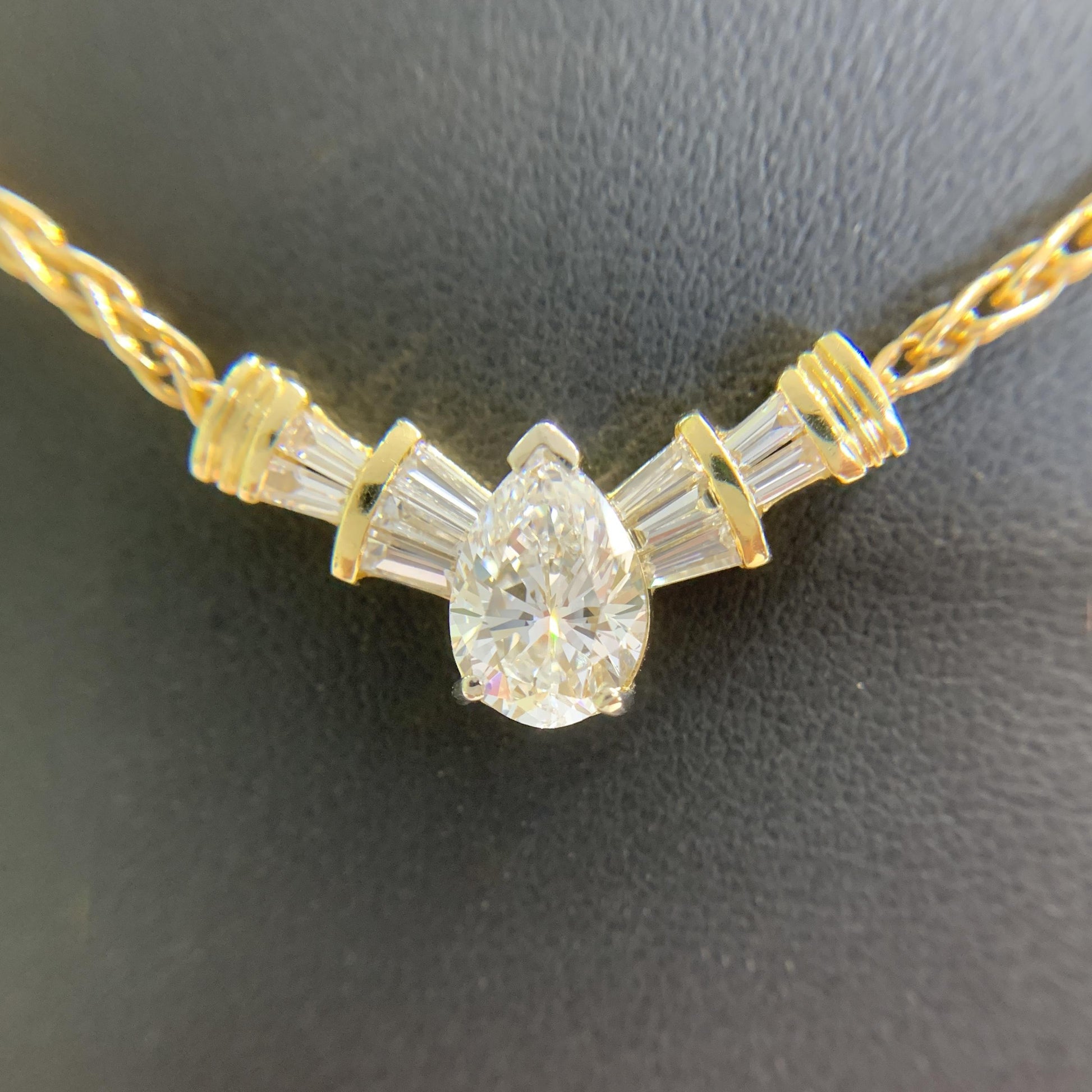 Diamond Pear and Baguette Necklace 14k Yellow Gold