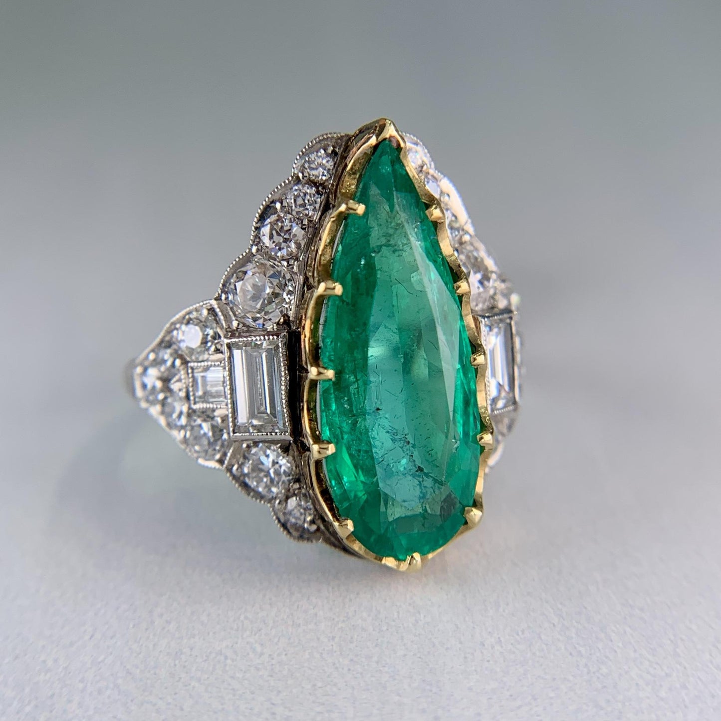 Estate Columbian Emerald and Old Cut Diamond Ring Platinum/18k Yellow Gold