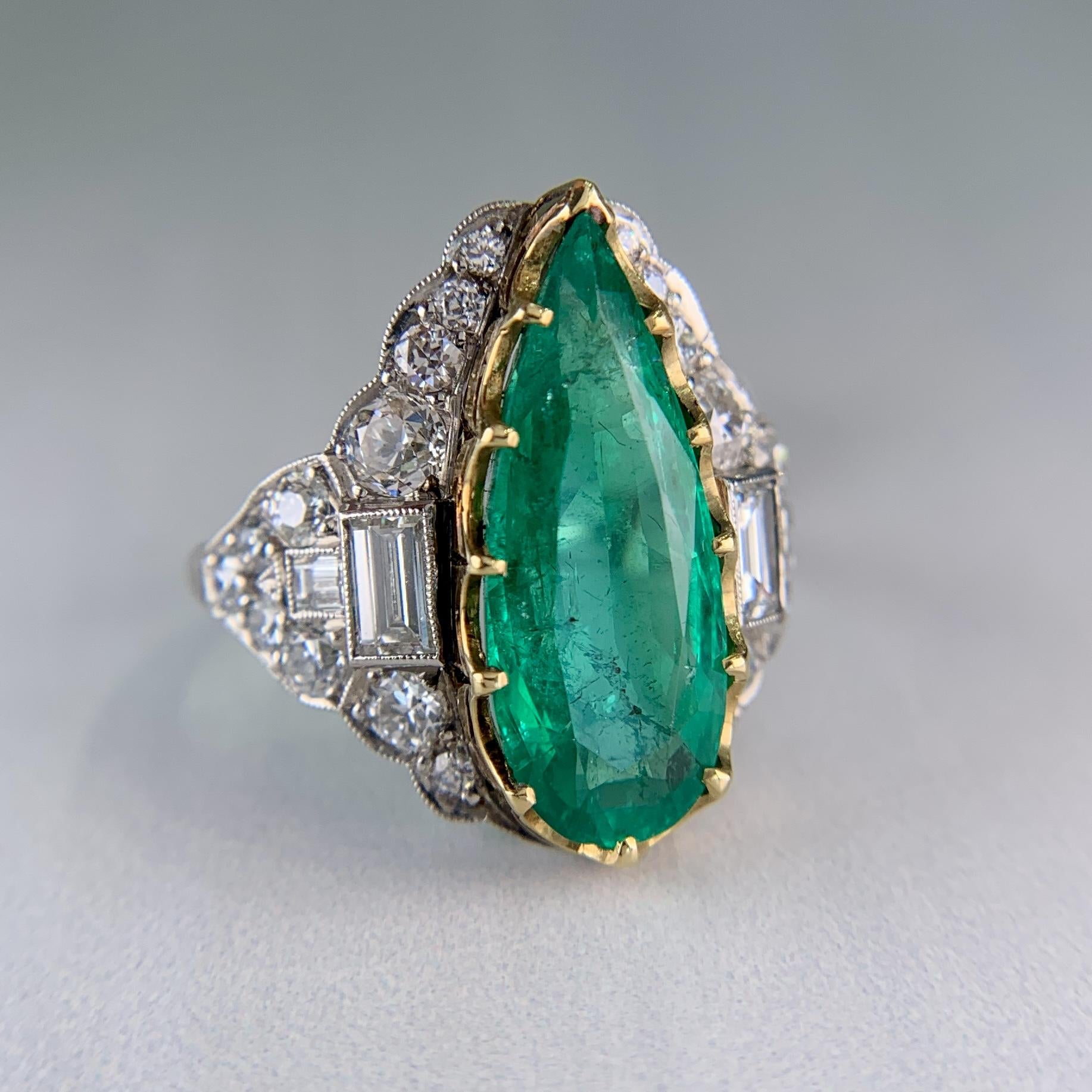 Estate Columbian Emerald and Old Cut Diamond Ring Platinum/18k Yellow Gold