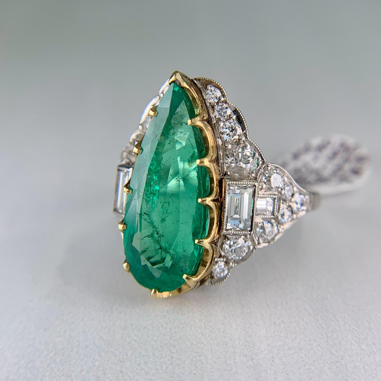 Estate Columbian Emerald and Old Cut Diamond Ring Platinum/18k Yellow Gold