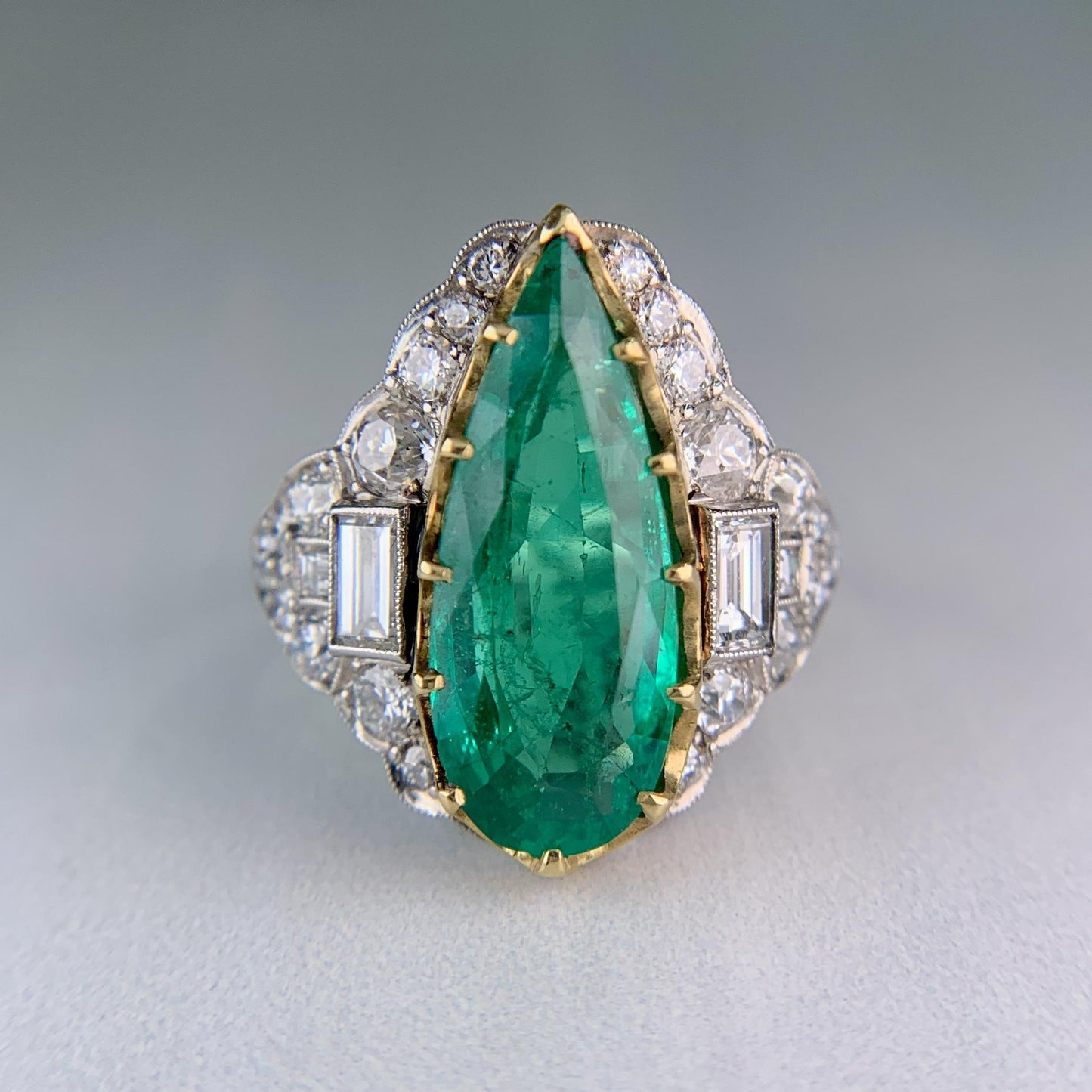 Estate Columbian Emerald and Old Cut Diamond Ring Platinum/18k Yellow Gold