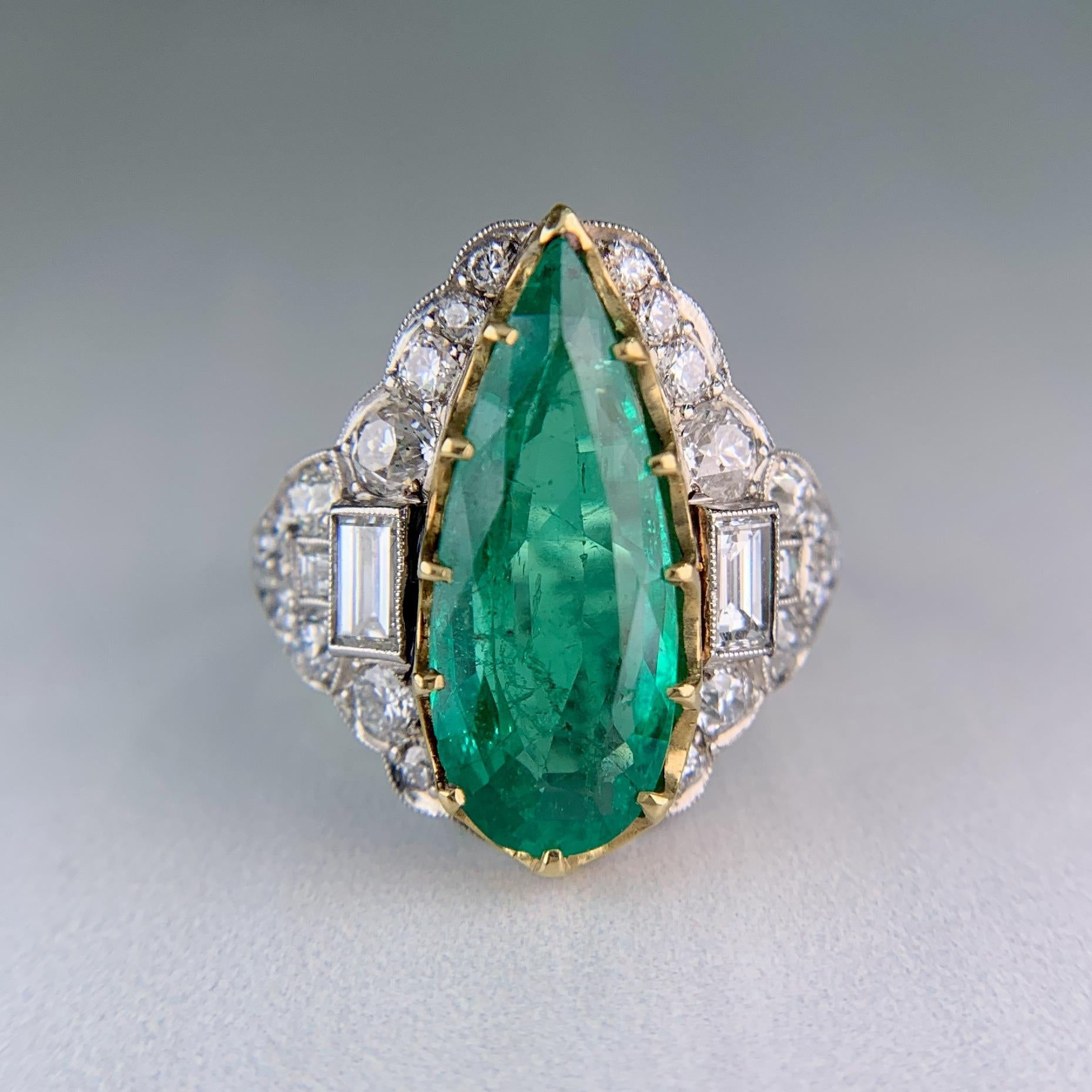 Estate Columbian Emerald and Old Cut Diamond Ring Platinum/18k Yellow Gold