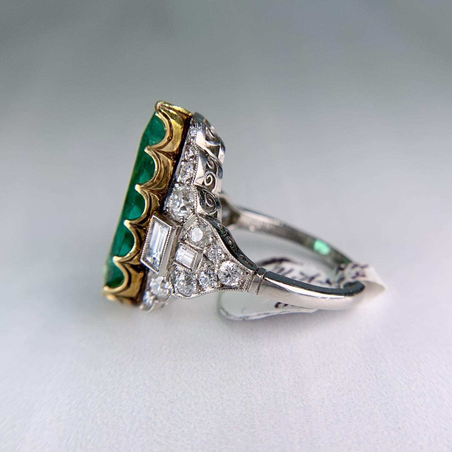 Estate Columbian Emerald and Old Cut Diamond Ring Platinum/18k Yellow Gold