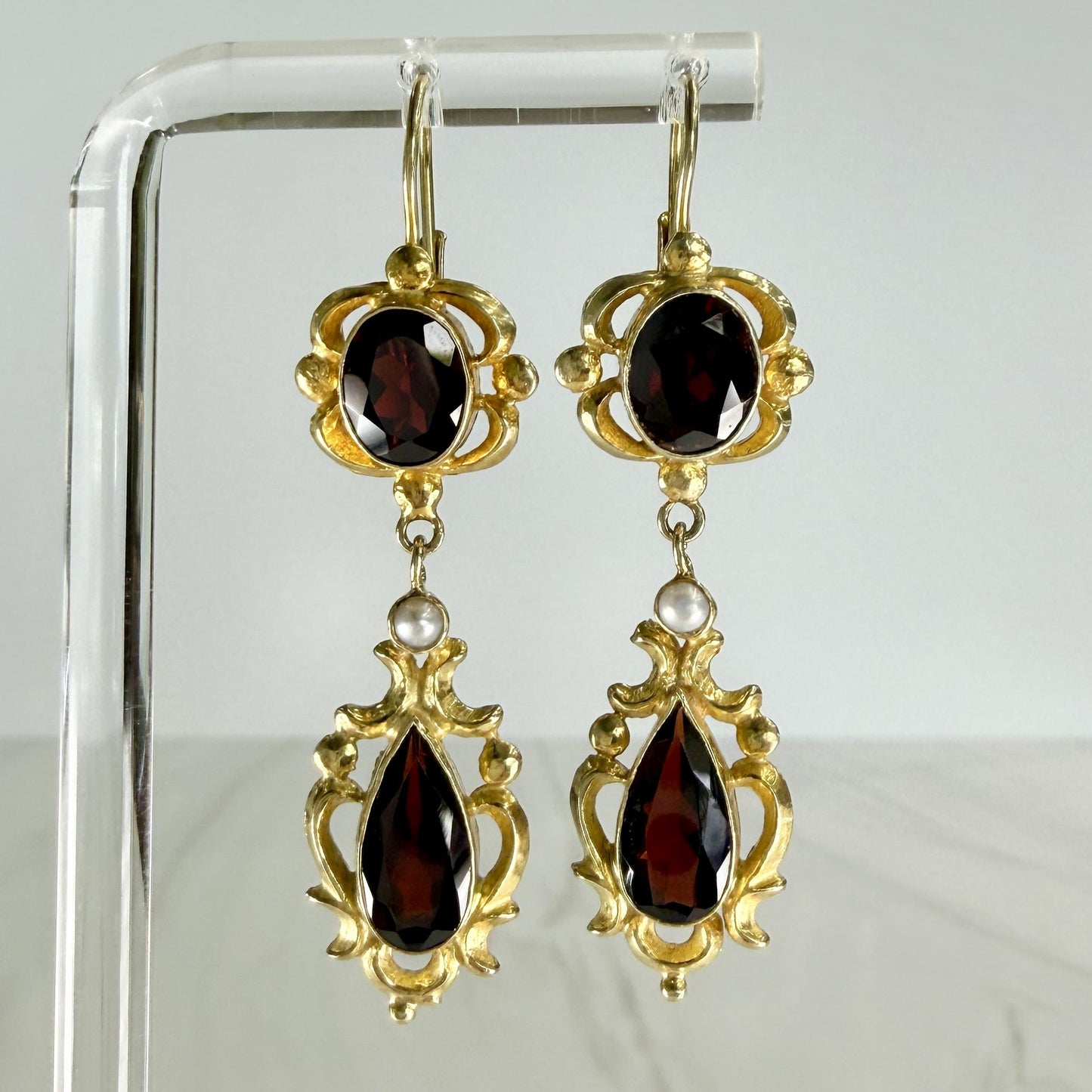 Vintage Garnet Pearl Drop Earrings 14k Yellow Gold