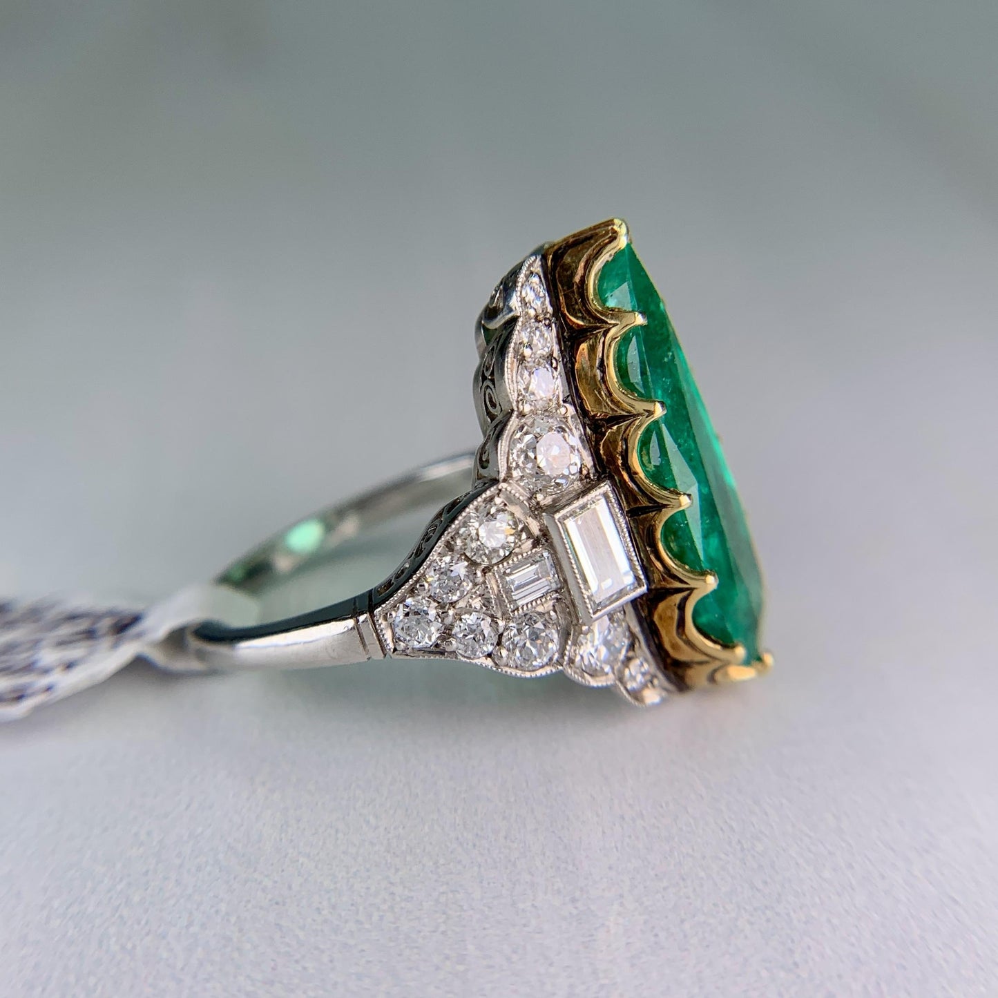 Estate Columbian Emerald and Old Cut Diamond Ring Platinum/18k Yellow Gold
