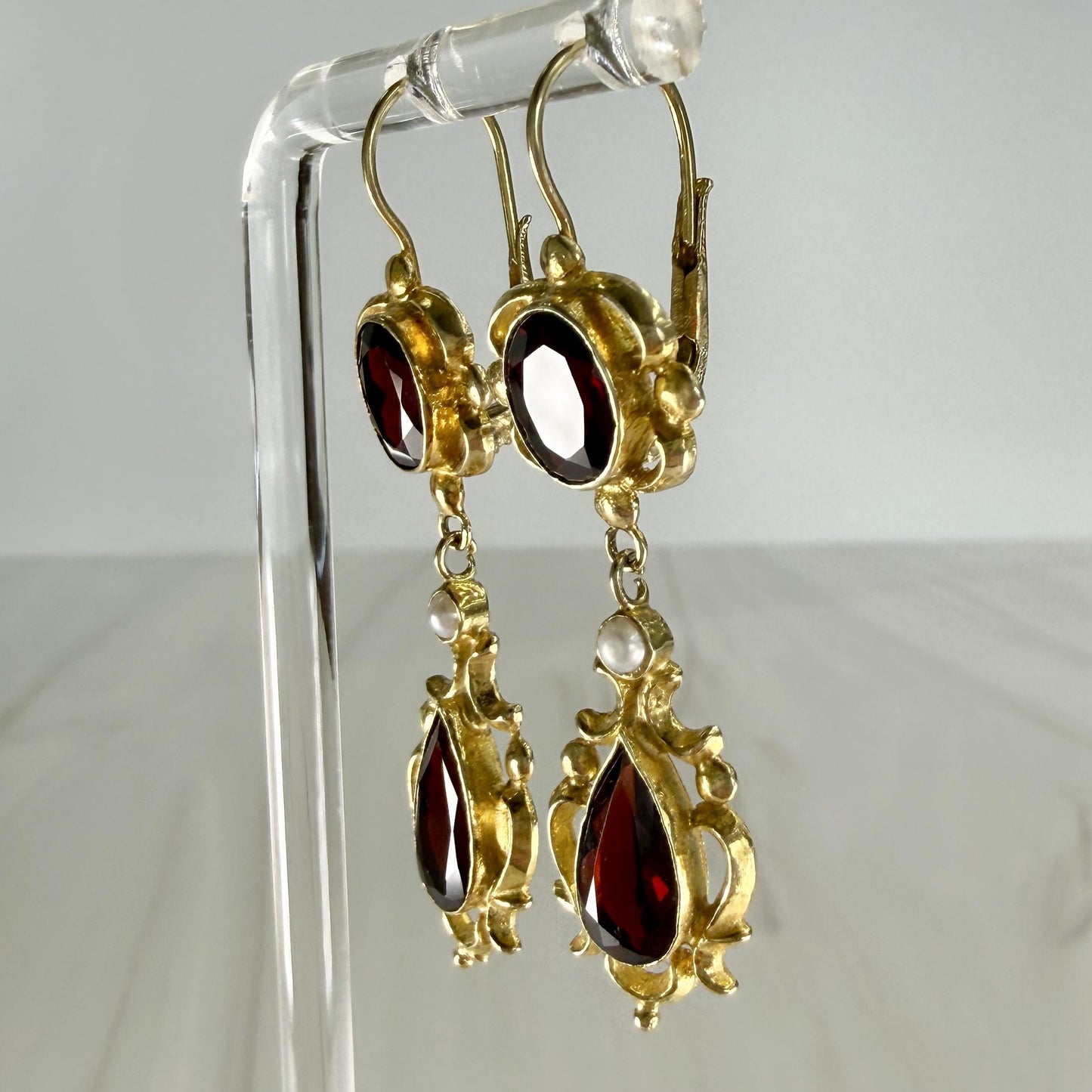 Vintage Garnet Pearl Drop Earrings 14k Yellow Gold