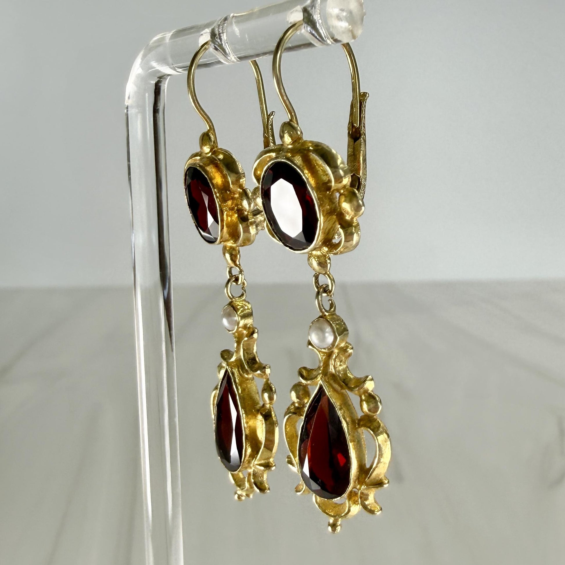 Vintage Garnet Pearl Drop Earrings 14k Yellow Gold