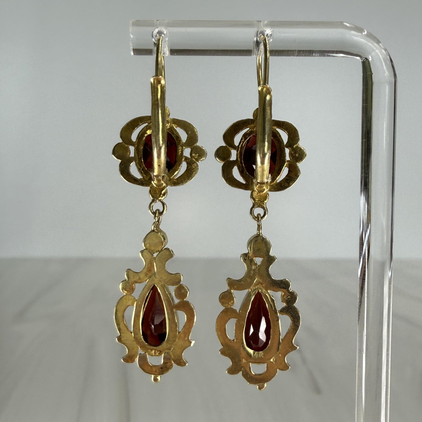 Vintage Garnet Pearl Drop Earrings 14k Yellow Gold
