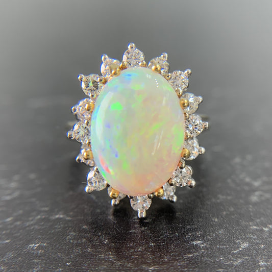 Vintage 1970's Opal and Diamond Halo Ring 14k Gold