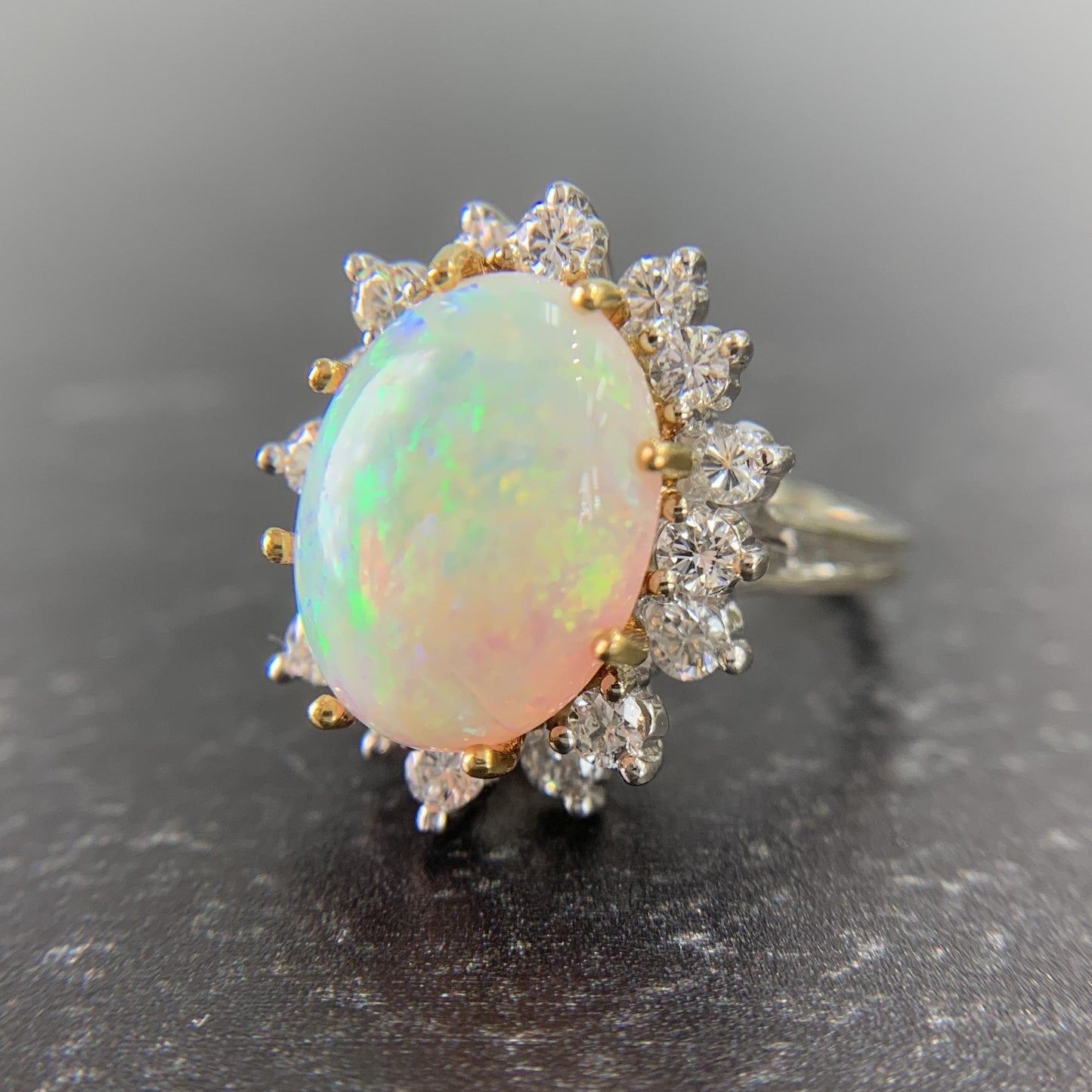 Vintage 1970's Opal and Diamond Halo Ring 14k Gold