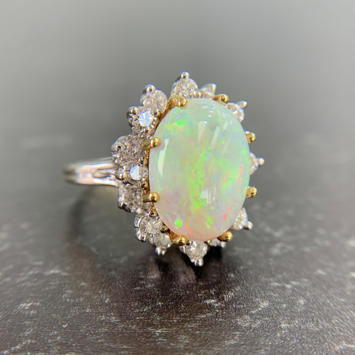 Vintage 1970's Opal and Diamond Halo Ring 14k Gold