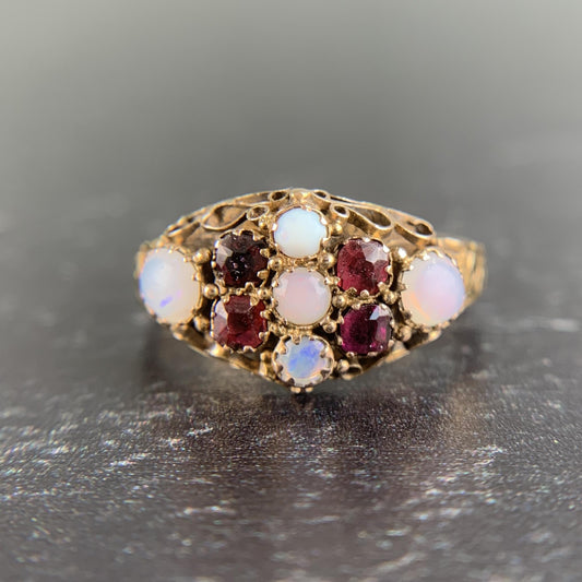 Antique 1880's Victorian Opal and Garnet Ring 15k Gold
