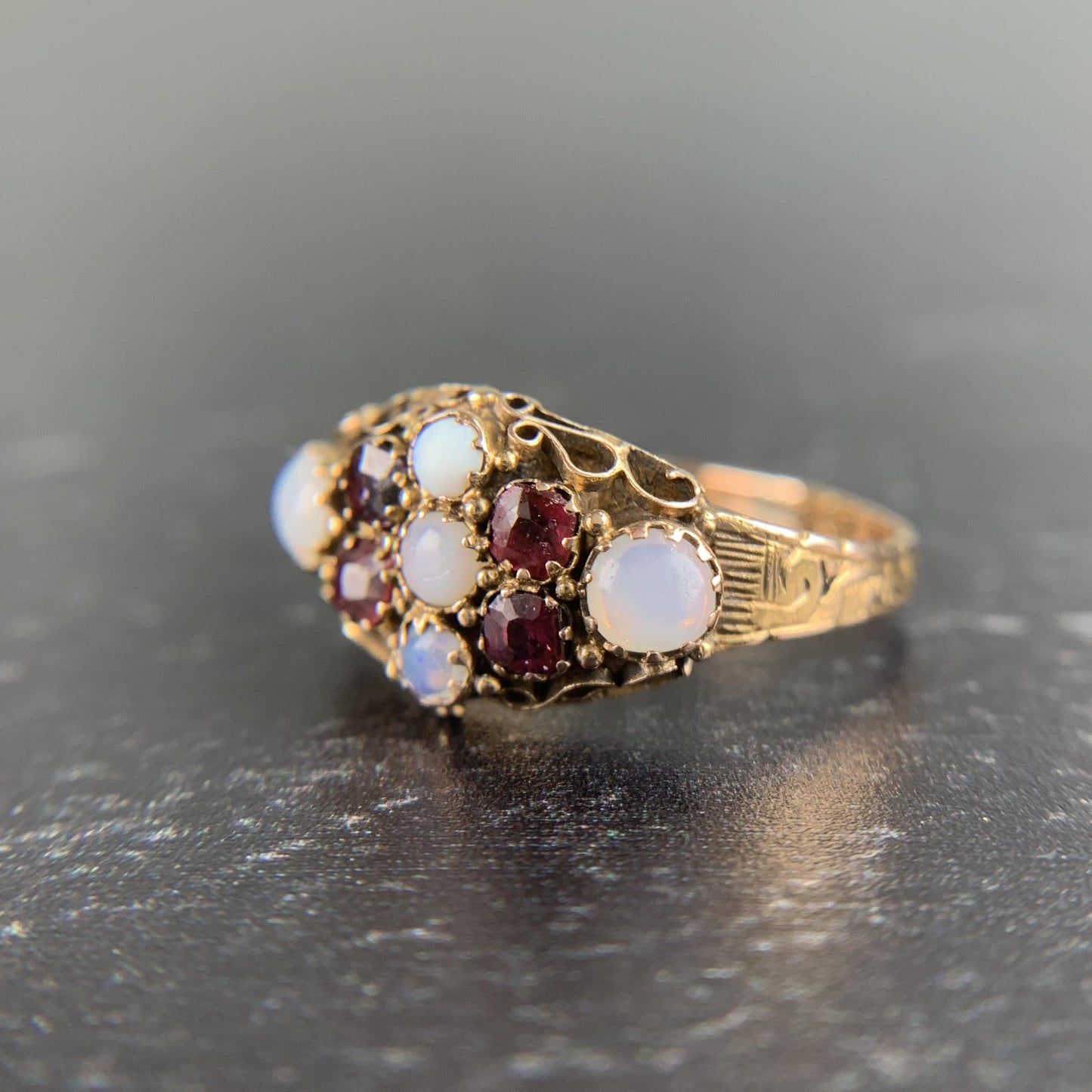Antique 1880's Victorian Opal and Garnet Ring 15k Gold