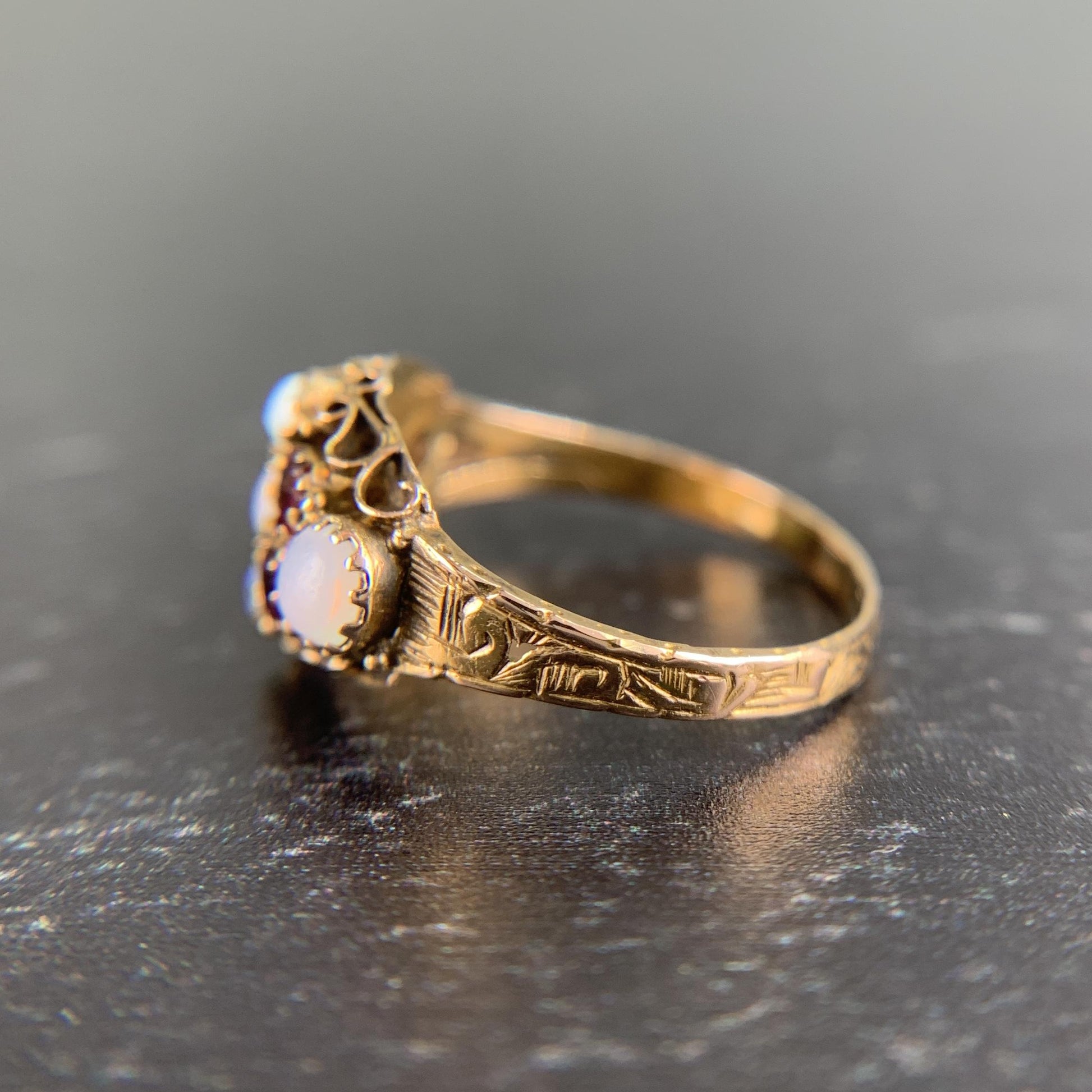 Antique 1880's Victorian Opal and Garnet Ring 15k Gold