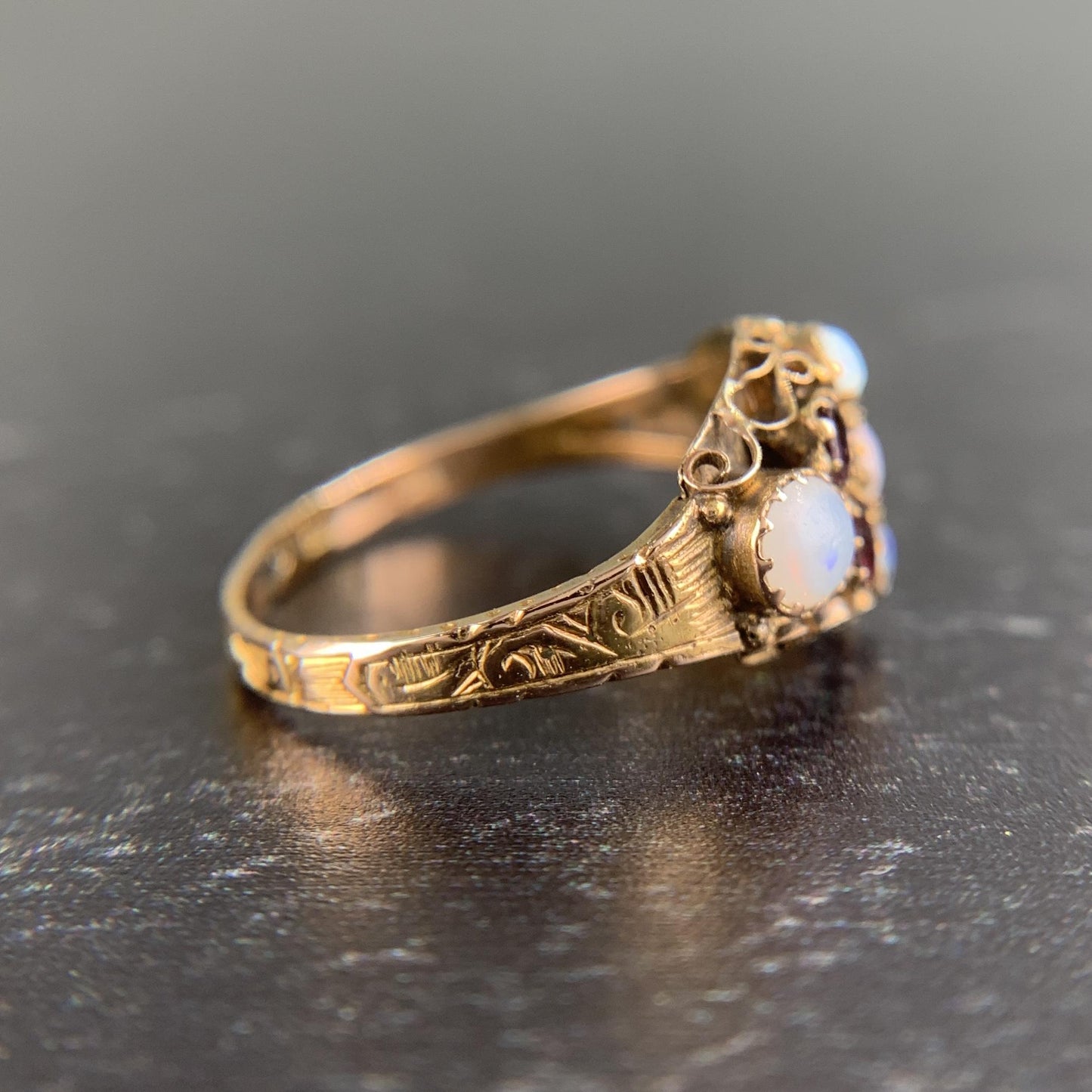 Antique 1880's Victorian Opal and Garnet Ring 15k Gold