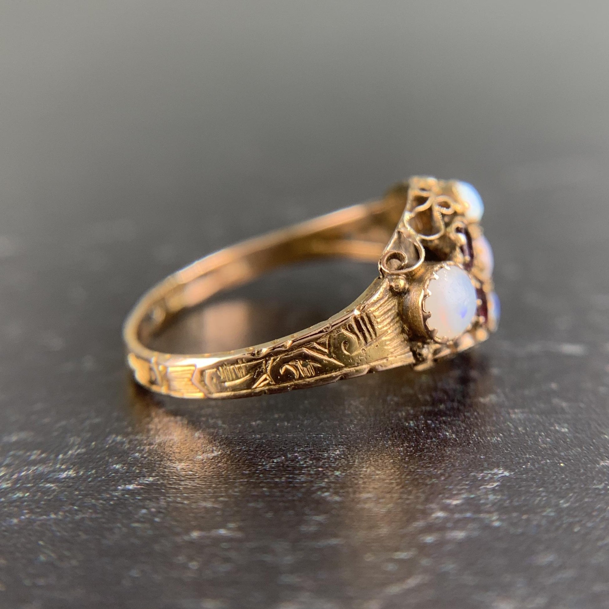 Antique 1880's Victorian Opal and Garnet Ring 15k Gold