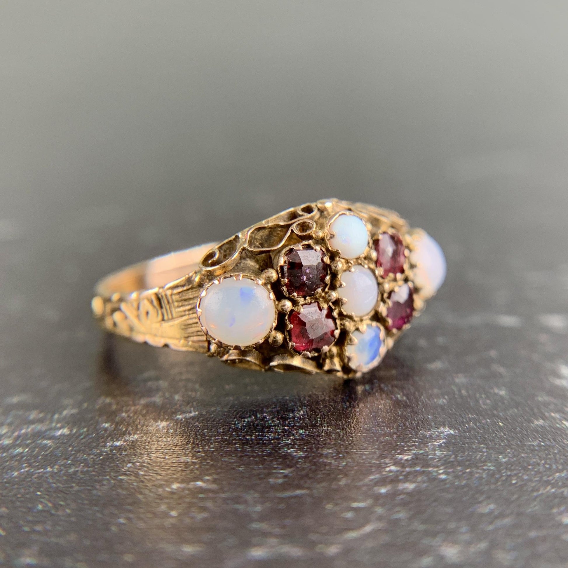 Antique 1880's Victorian Opal and Garnet Ring 15k Gold