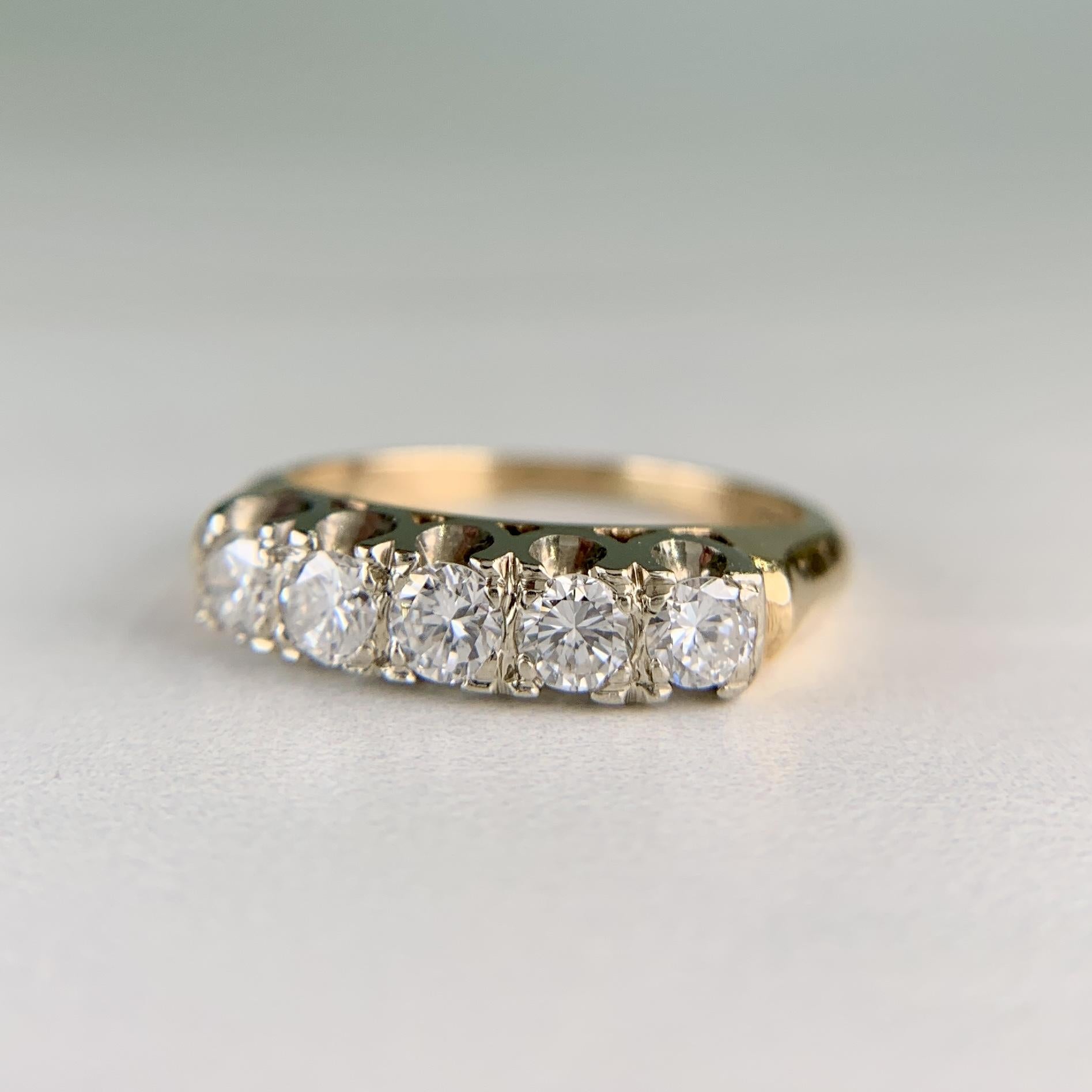 Vintage 1950's 5 Stone Diamond Band Ring 14k Gold