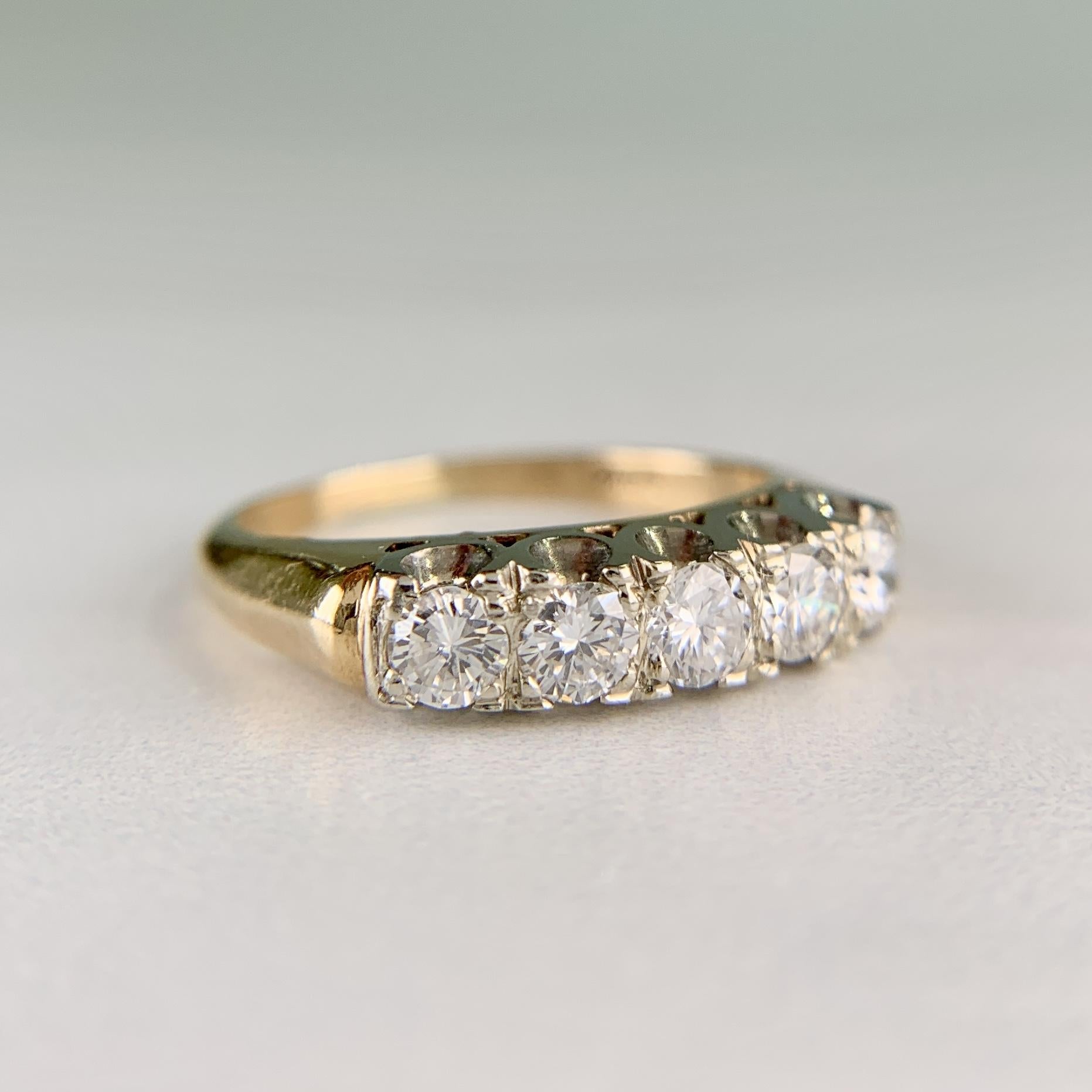 Vintage 1950's 5 Stone Diamond Band Ring 14k Gold
