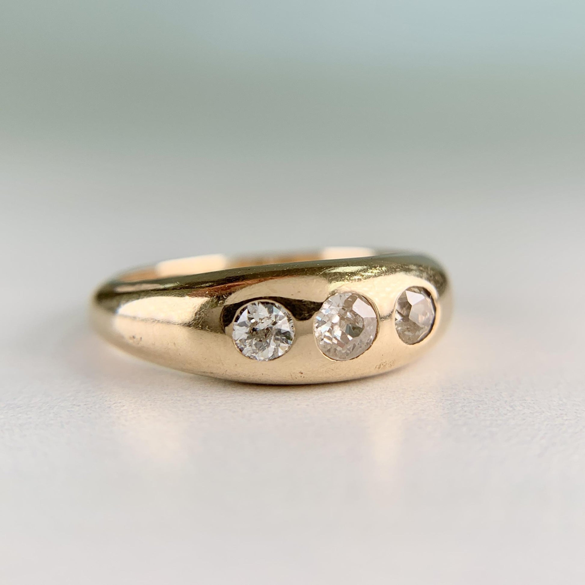 Antique Burnish Set Old Mine Diamond Ring 14k Yellow Gold