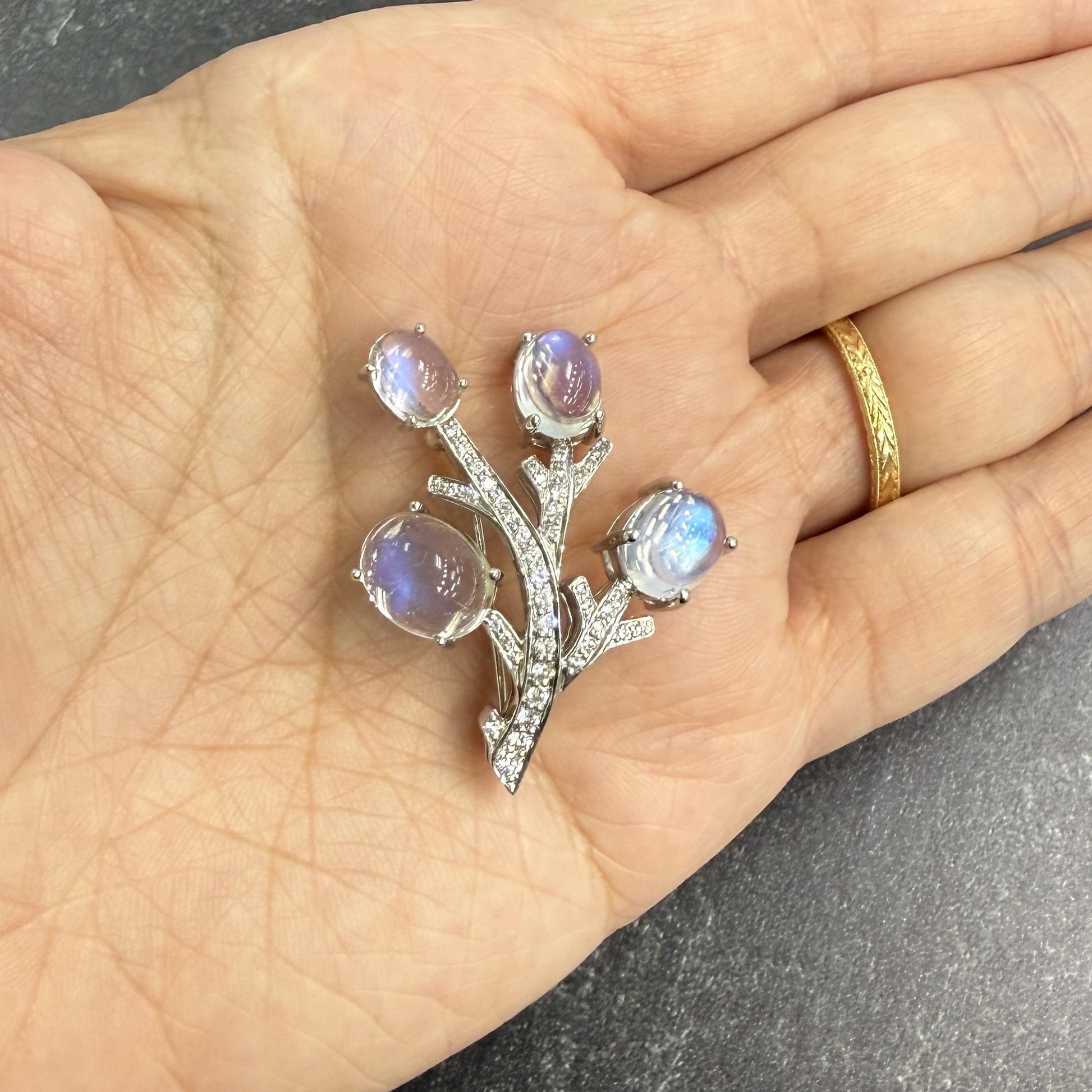 Vintage 1990's Tiffany & Co. Moonstone and Diamond Brooch Platinum