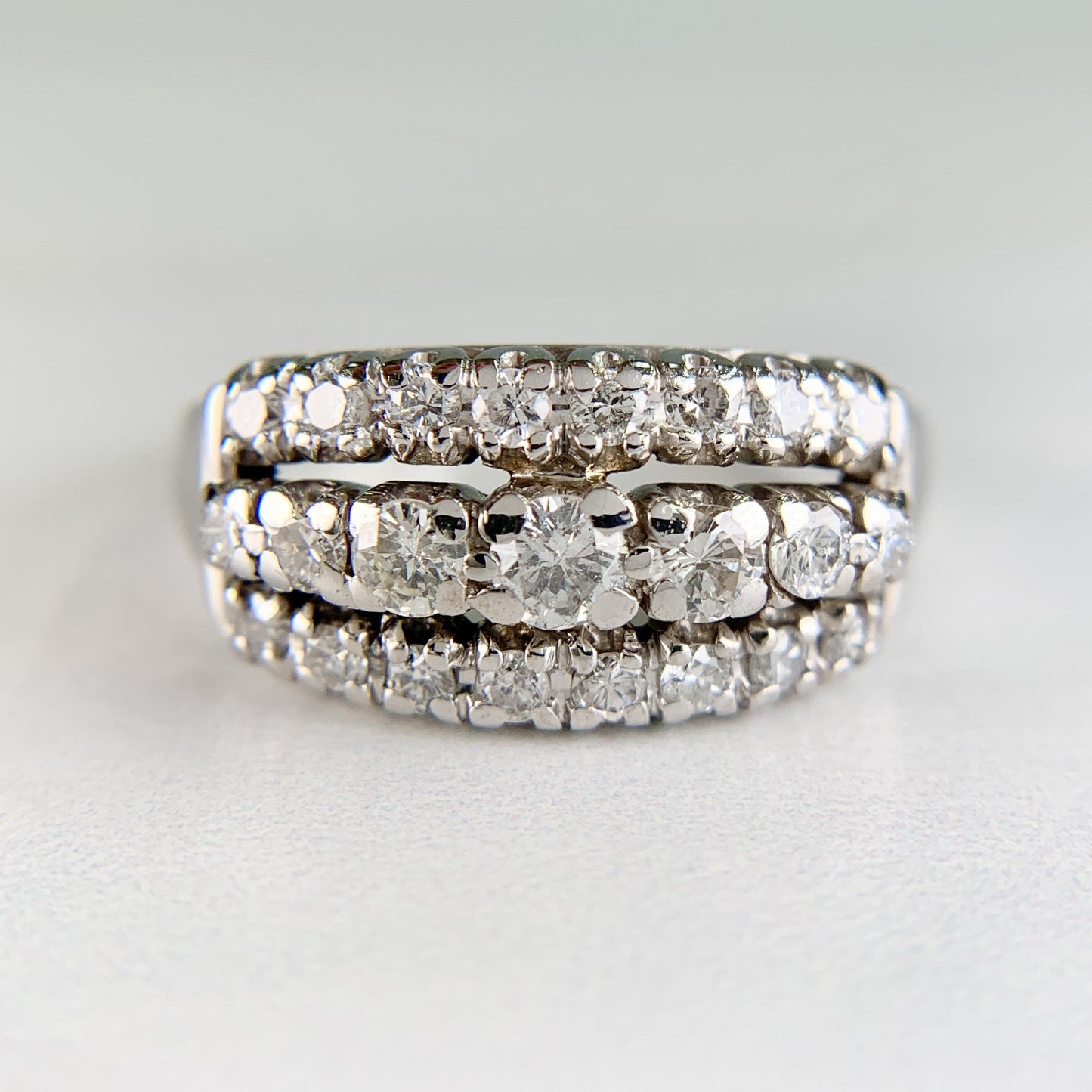 Vintage 1950's 3 Row Diamond Band Ring 14k White Gold