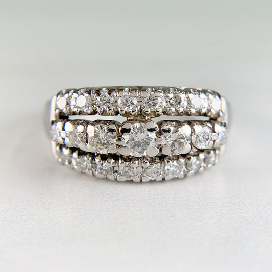 Vintage 1950's 3 Row Diamond Band Ring 14k White Gold