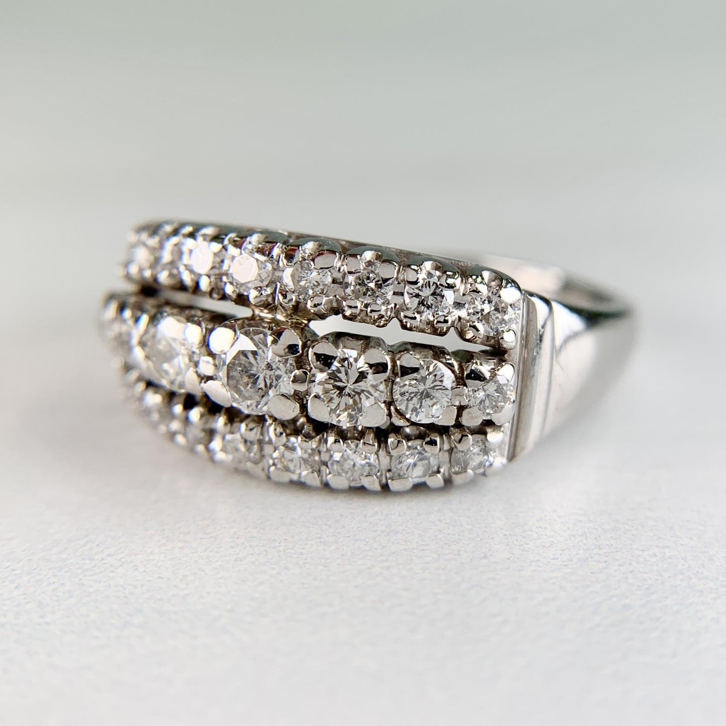 Vintage 1950's 3 Row Diamond Band Ring 14k White Gold