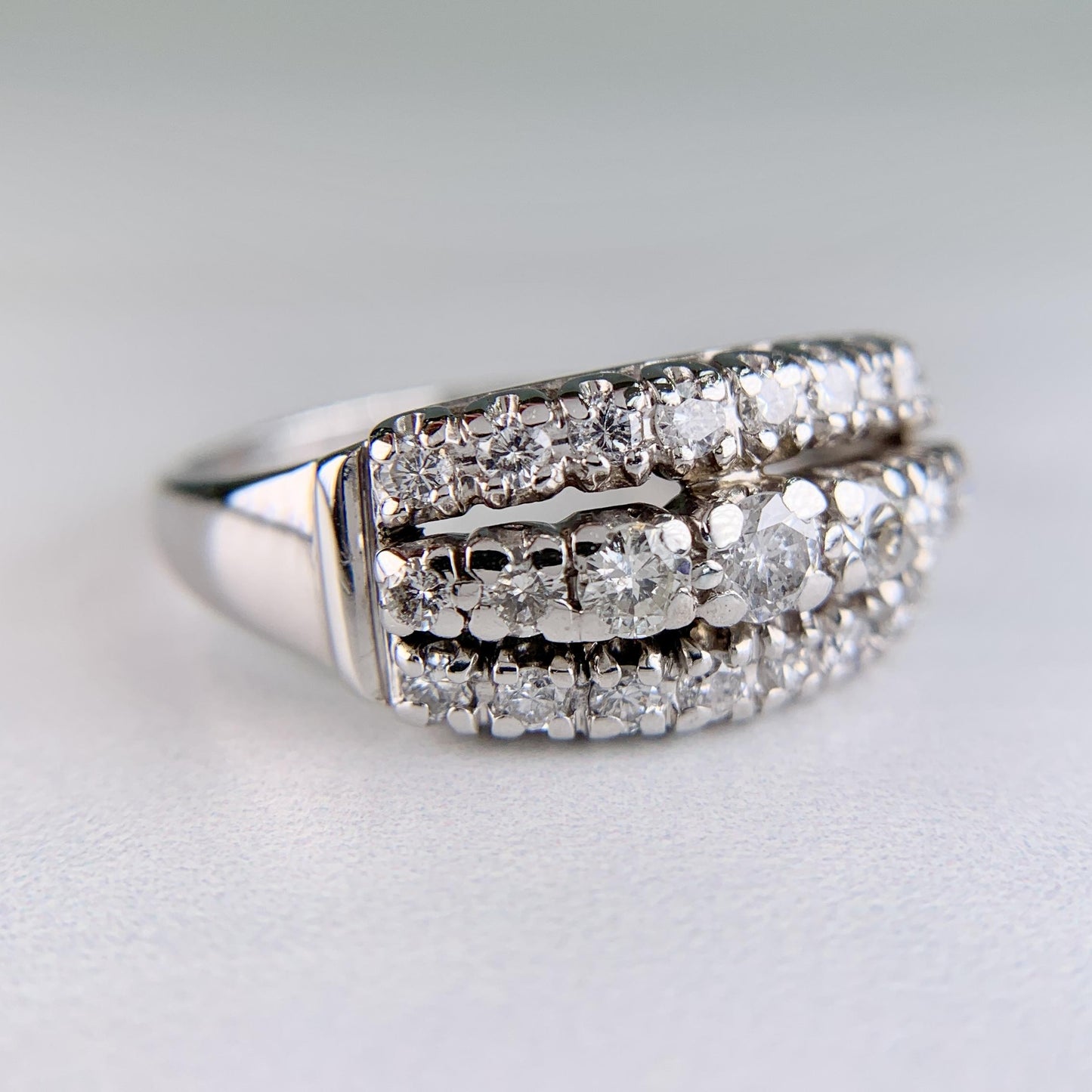 Vintage 1950's 3 Row Diamond Band Ring 14k White Gold