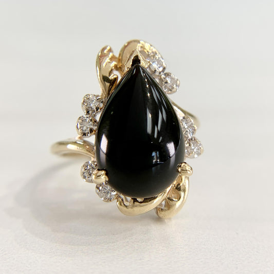 1990's Pear Onyx and Diamond Ring 14k Gold