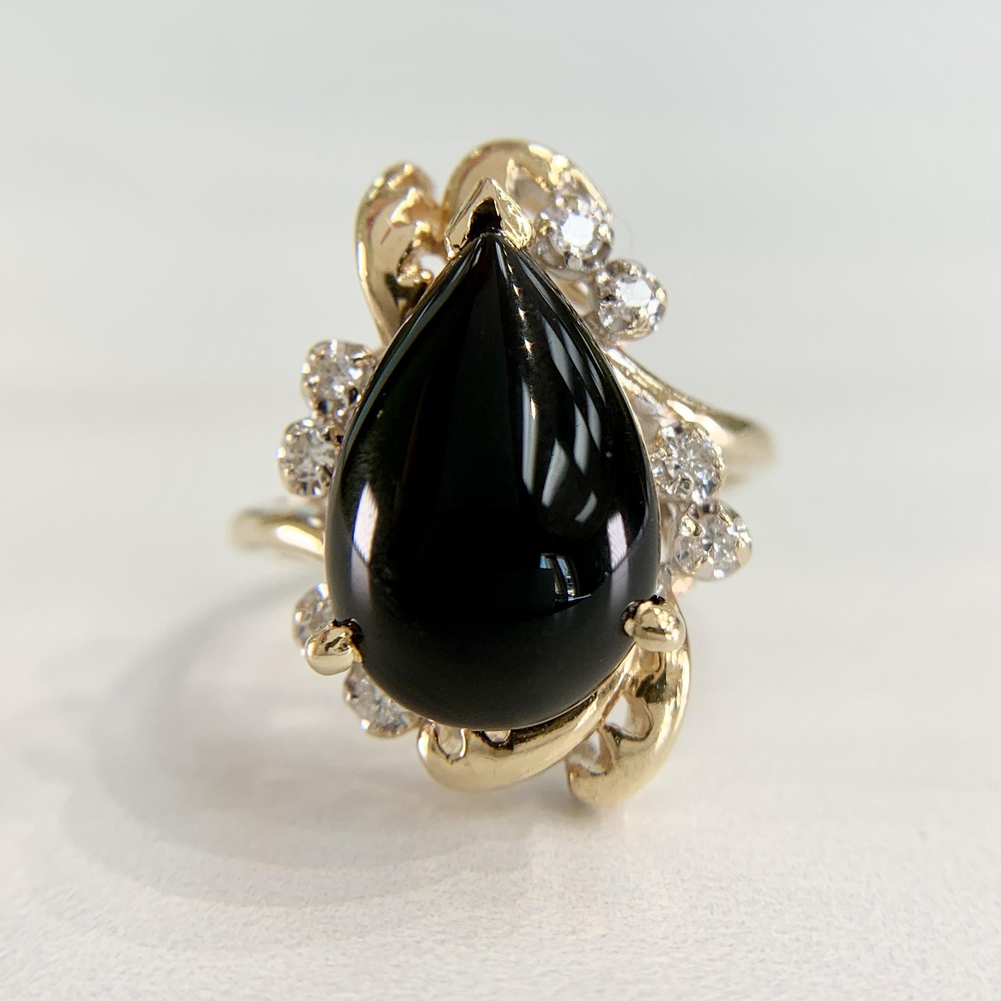 1990's Pear Onyx and Diamond Ring 14k Gold