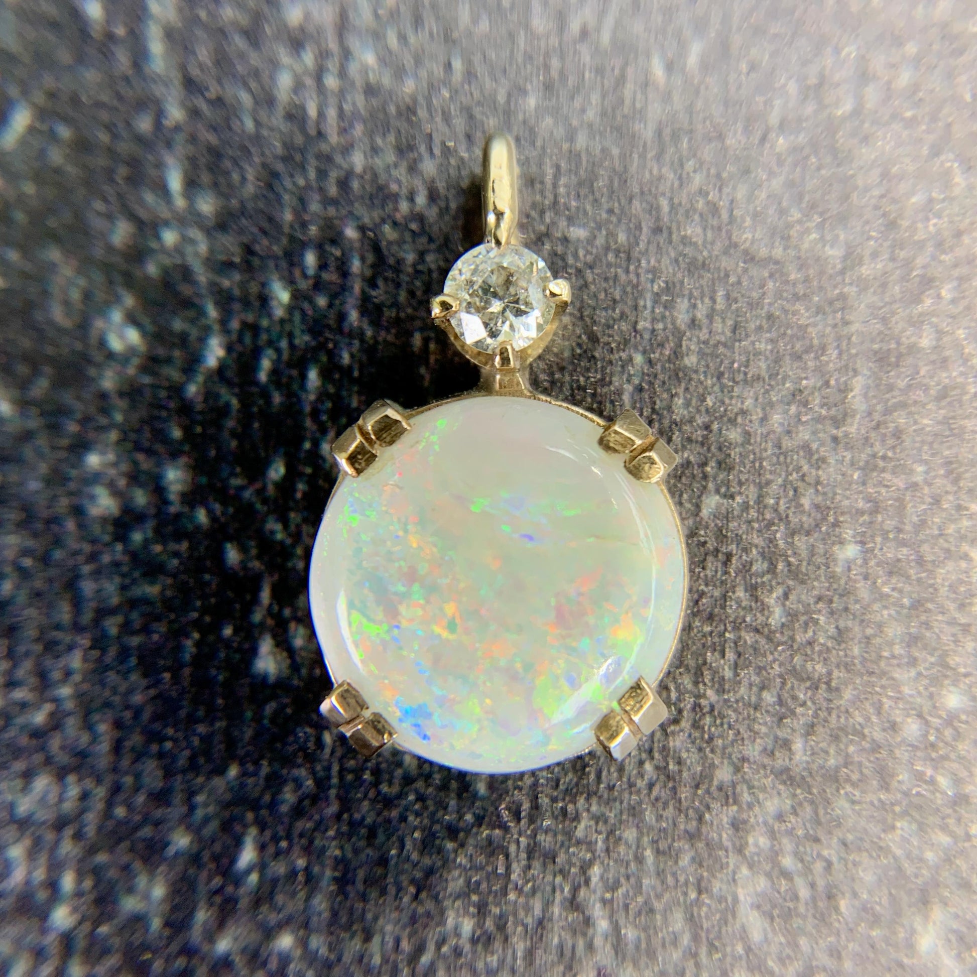 Vintage Opal and Old Mine Cut Diamond Necklace 14k Yellow Gold