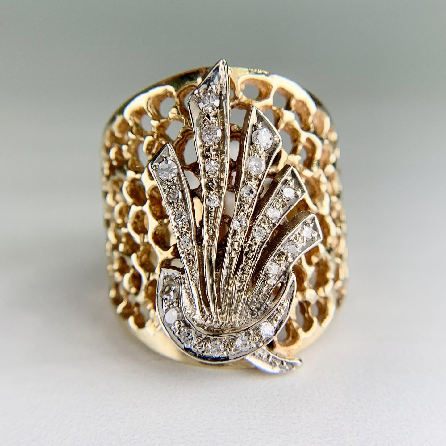 1980's Wide Diamond Statement Band Ring 14k Gold