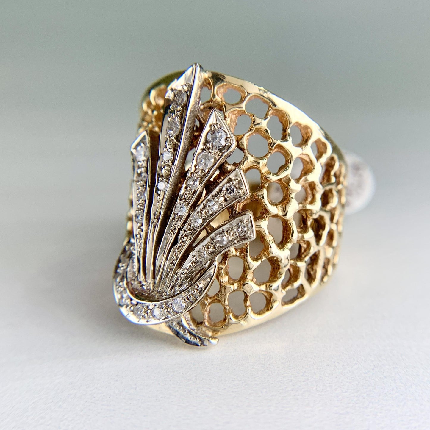 1980's Wide Diamond Statement Band Ring 14k Gold